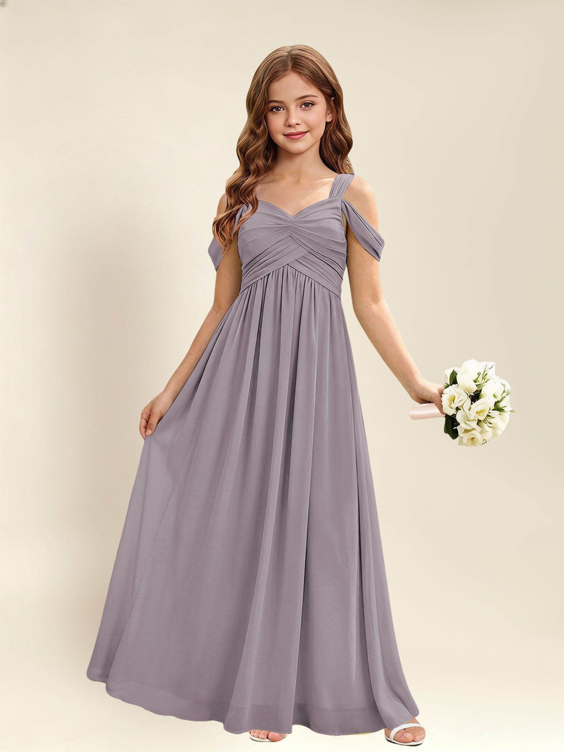 ROVDESY A-Line Off The Shoulder Pleated Chiffon Junior Bridesmaid Dress