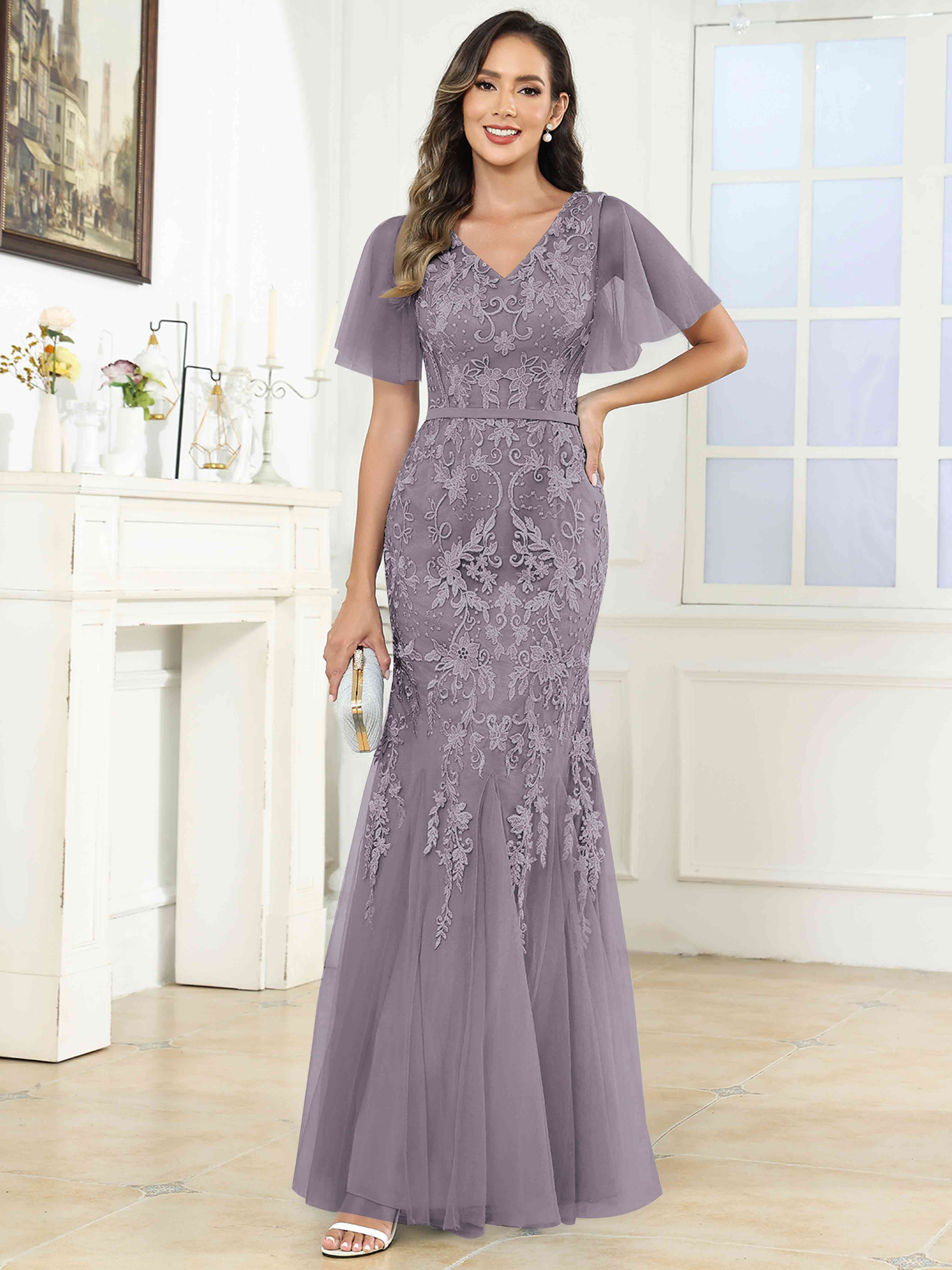 ROVDESY Elegant V-Neck Lace Mermaid Long Mother Of The Bride Dress Formal Gown With Sleeves