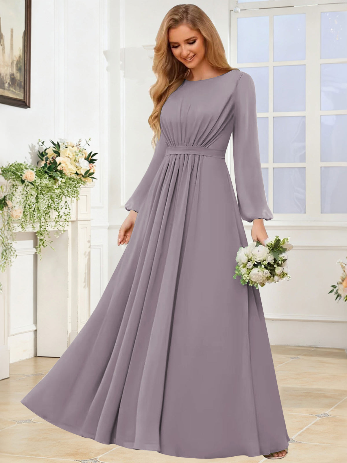 A-Line Chiffon Long Sleeve Bridesmaid Dress