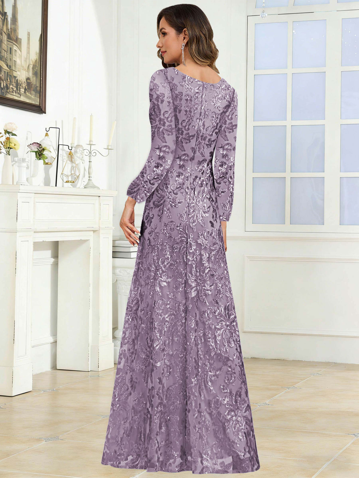 Crew Neck Sequin Lace Long Sleeve Mother of the Bride Dress