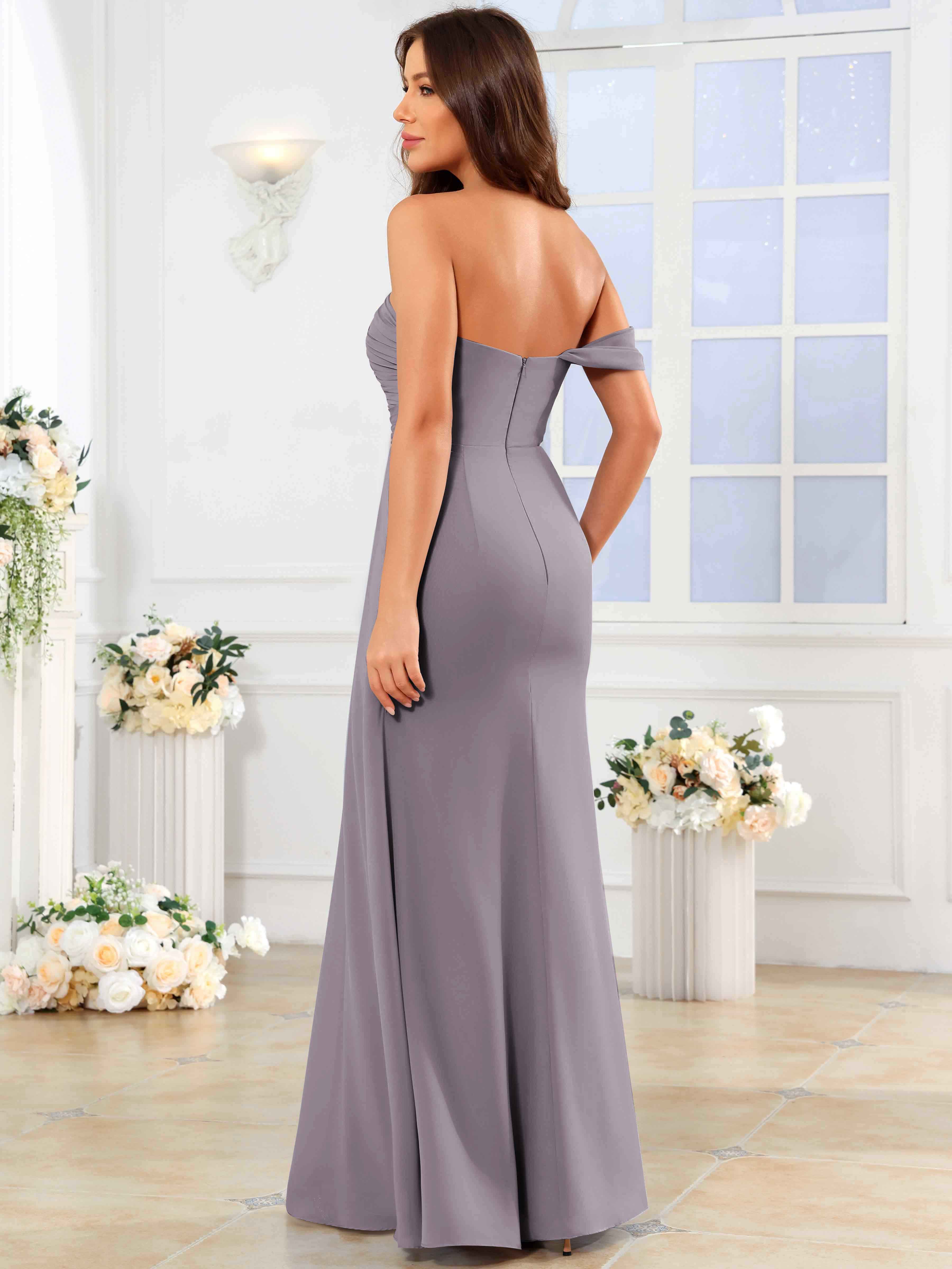 ROVDESY One Shoulder Off The Shoulder Pleated Chiffon Bridesmaid Dress