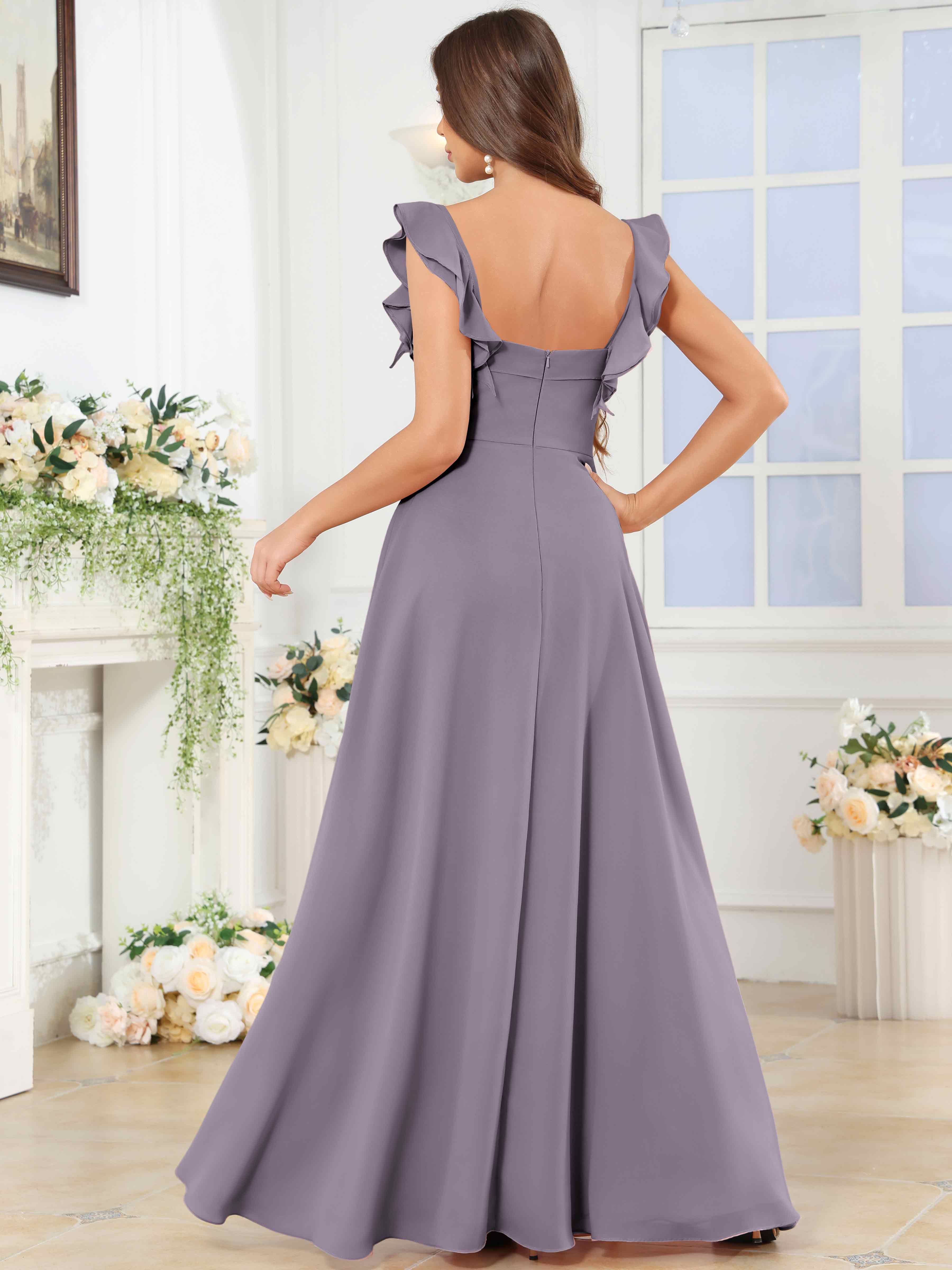 ROVDESY Square Neck Ruffle Chffion Bridesmaid Dress With Slit