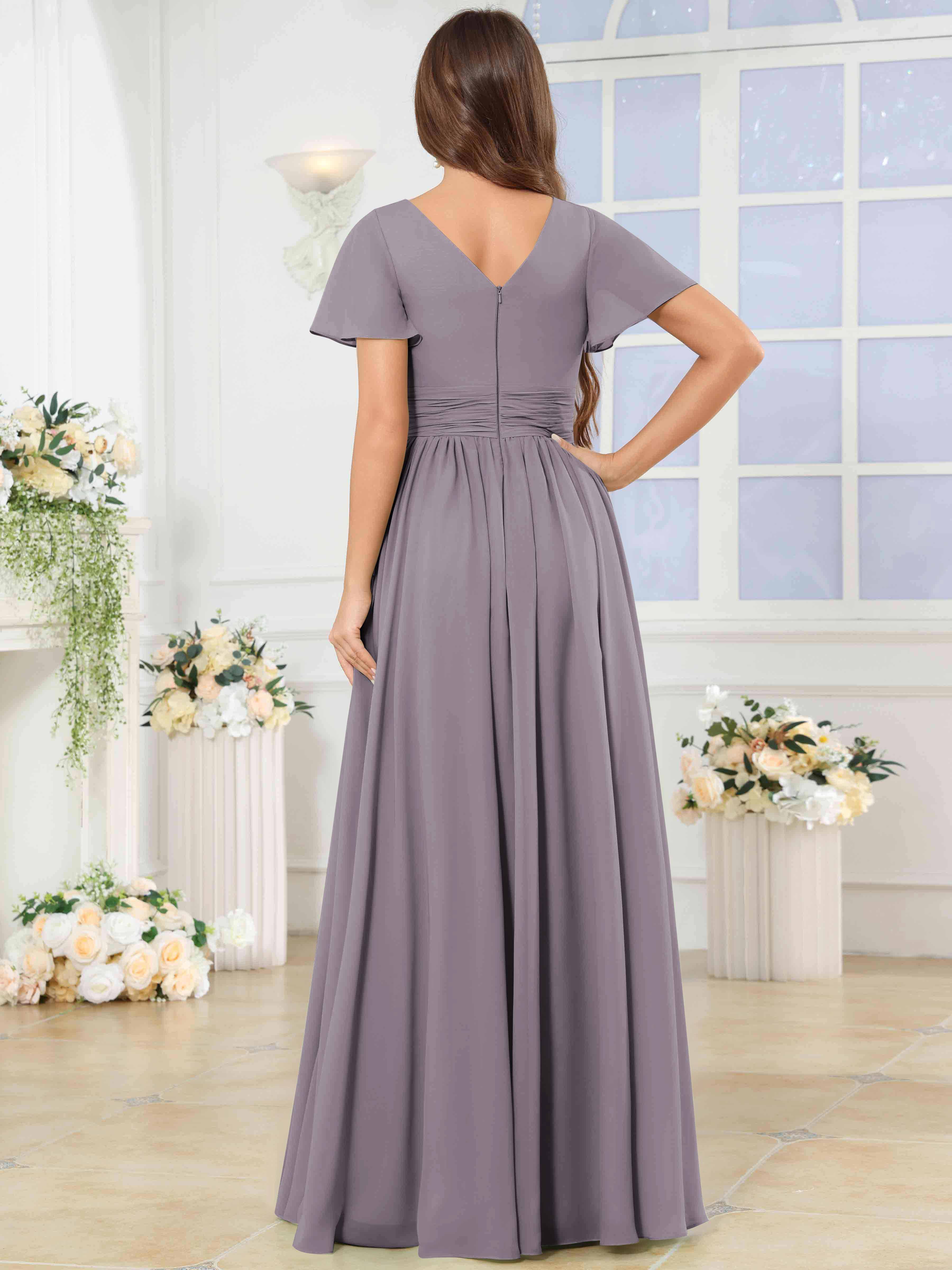 ROVDESY A-Line V-Neck Slit Pleated Ruffle Chiffon Bridesmaid Dress With Short Sleeves
