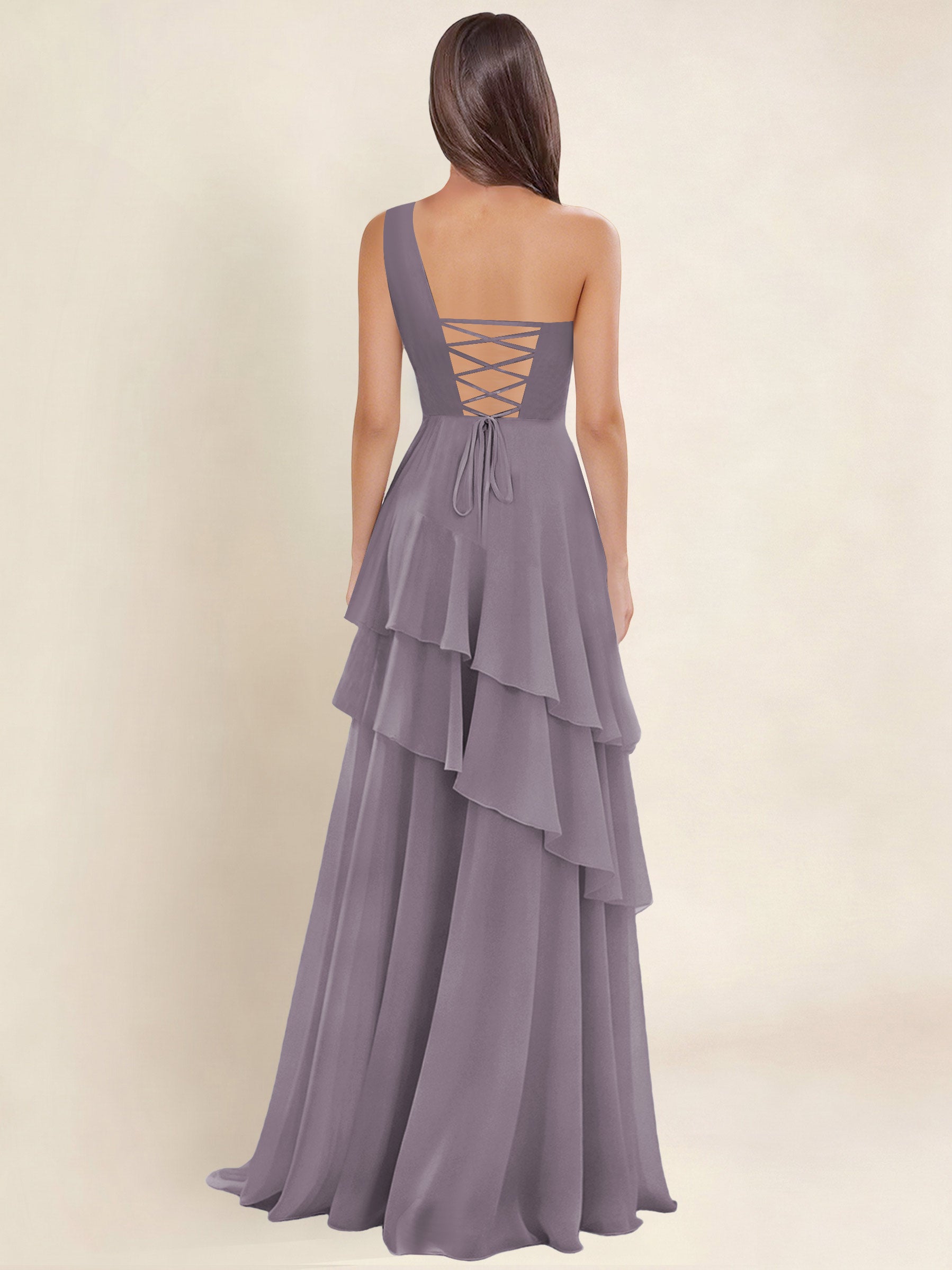 ROVDESY A-Line One Shoulder Pleated Tiered Chiffon Bridesmaid Dress