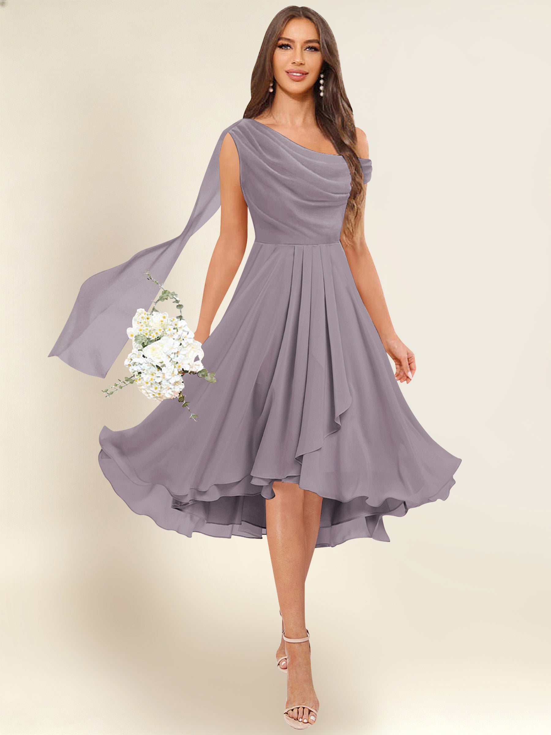 ROVDESY A-Line One Shoulder Pleated Chiffon Bridesmaid Dress With Flowing Sash