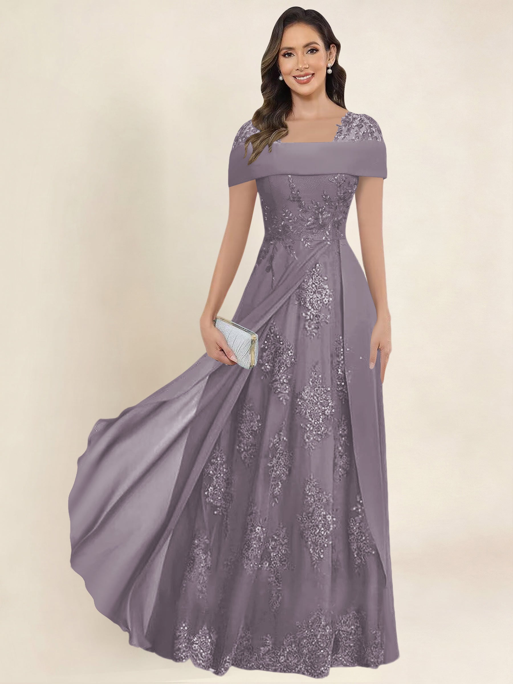 ROVDESY A-Line Off The Shoulder Lace Chiffon Long Mother of the Bride Dress Formal Gown