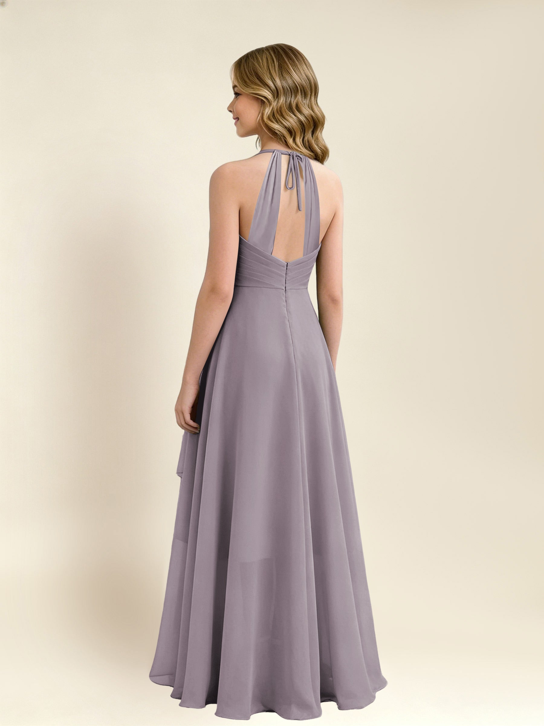 ROVDESY A-Line Halter Pleated Chiffon Junior Bridesmaid Dress