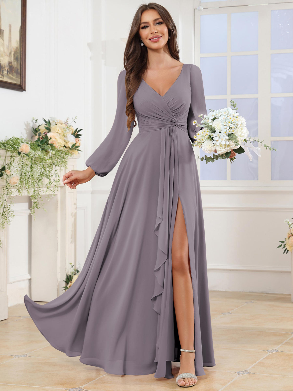 V Neck Chiffon Long Sleeve Bridesmaid Dresses with Slit