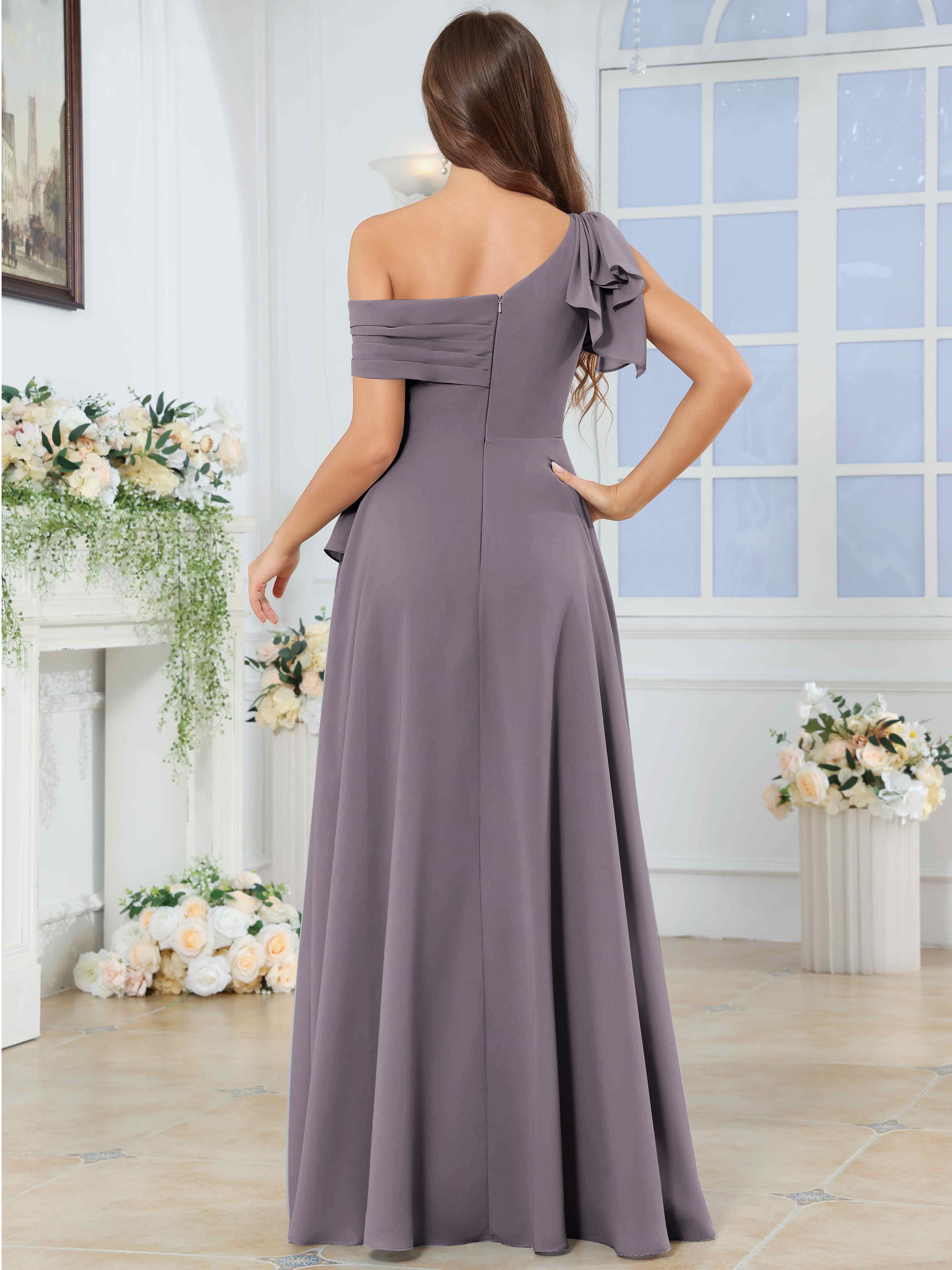 ROVDESY One Shoulder Pleated Ruffle Chiffon Bridesmaid Dress With Slit