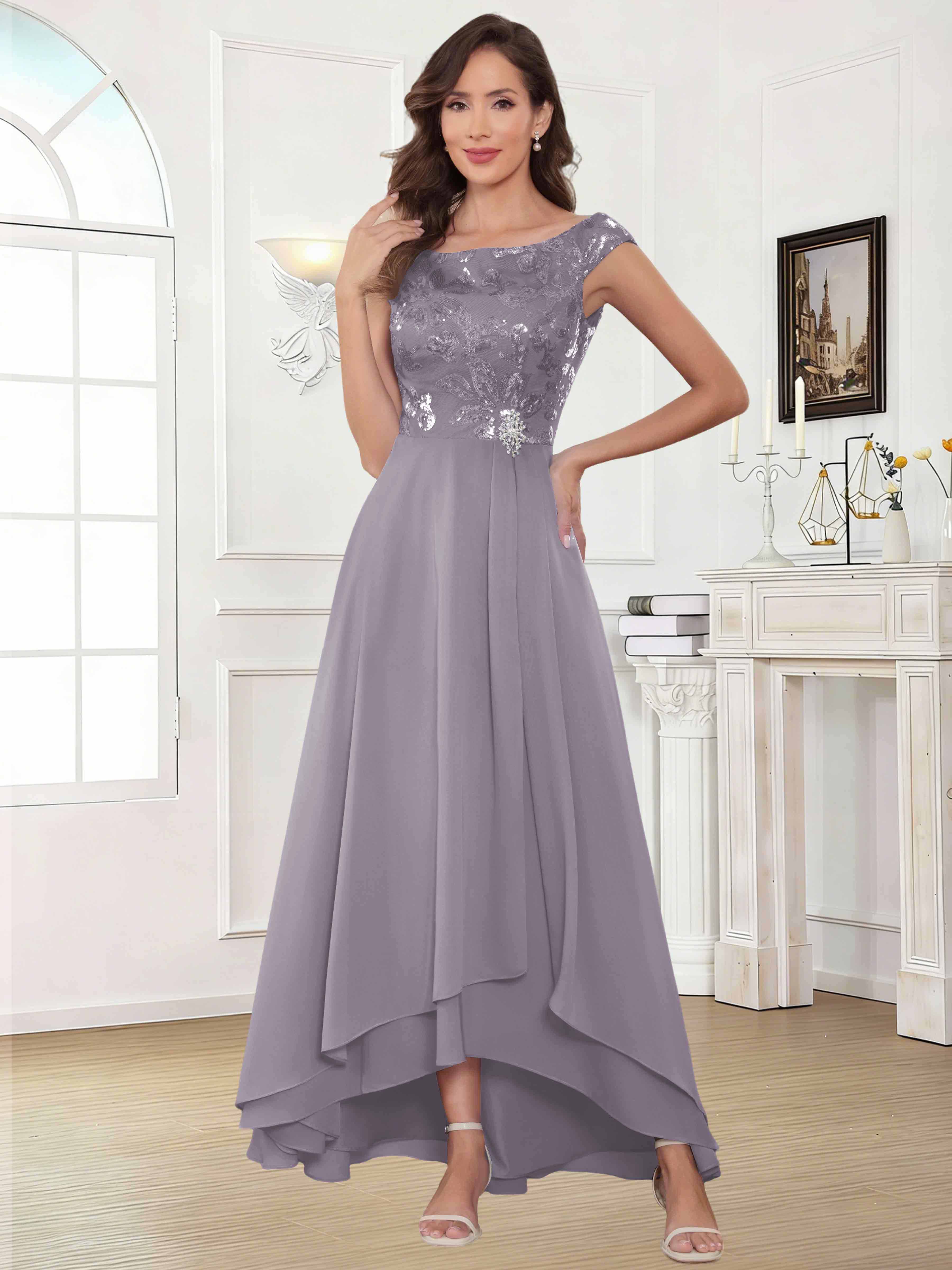 ROVDESY Tea Length Off-The-Shoulder Sequin Chiffon Mother Of The Bride Dress