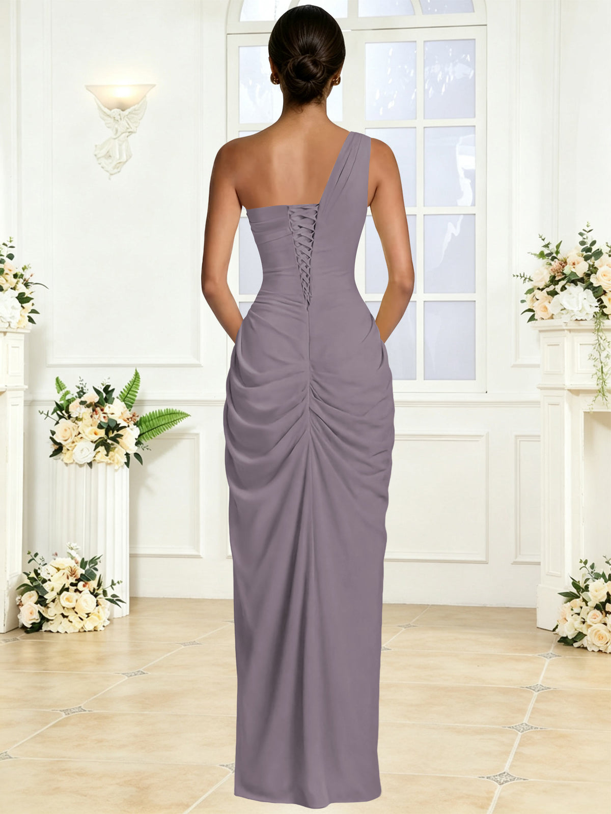 One Shoulder Chiffon Mermaid Long Bridesmaid Dress with Slit