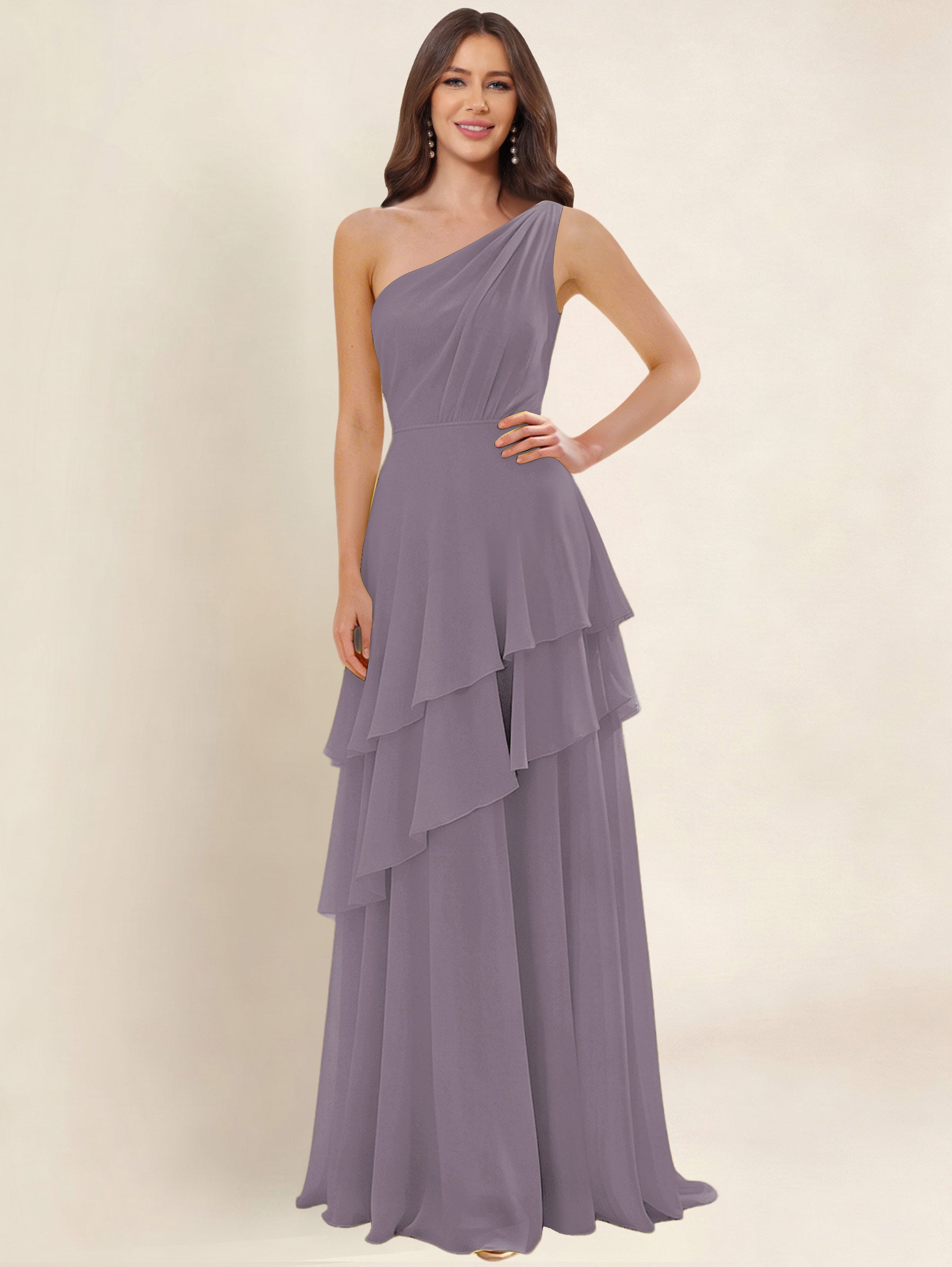 ROVDESY A-Line One Shoulder Pleated Tiered Chiffon Bridesmaid Dress