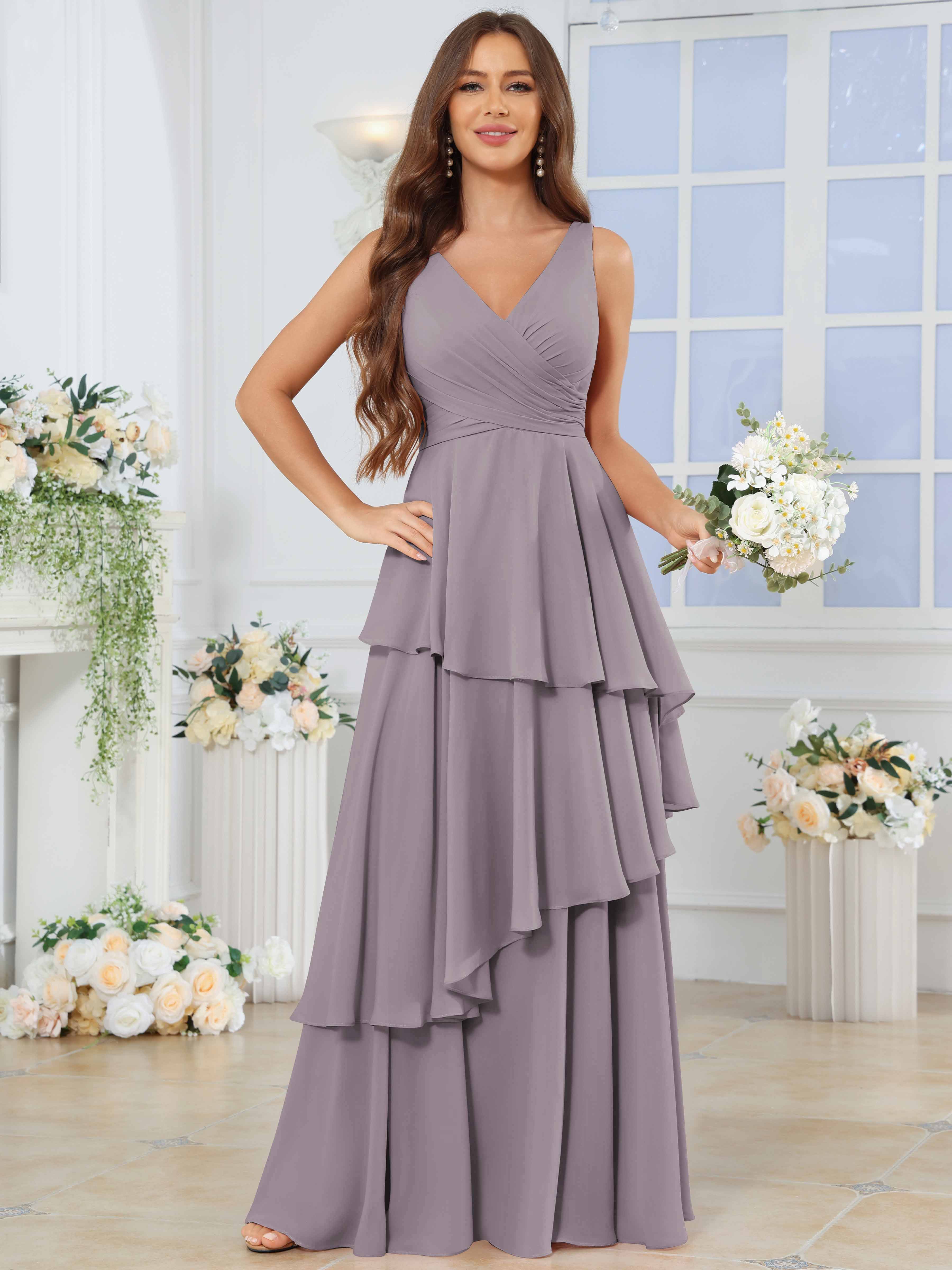 ROVDESY Long Sleeveless V-Neck Tiered Pleated Chiffon Bridesmaid Dress