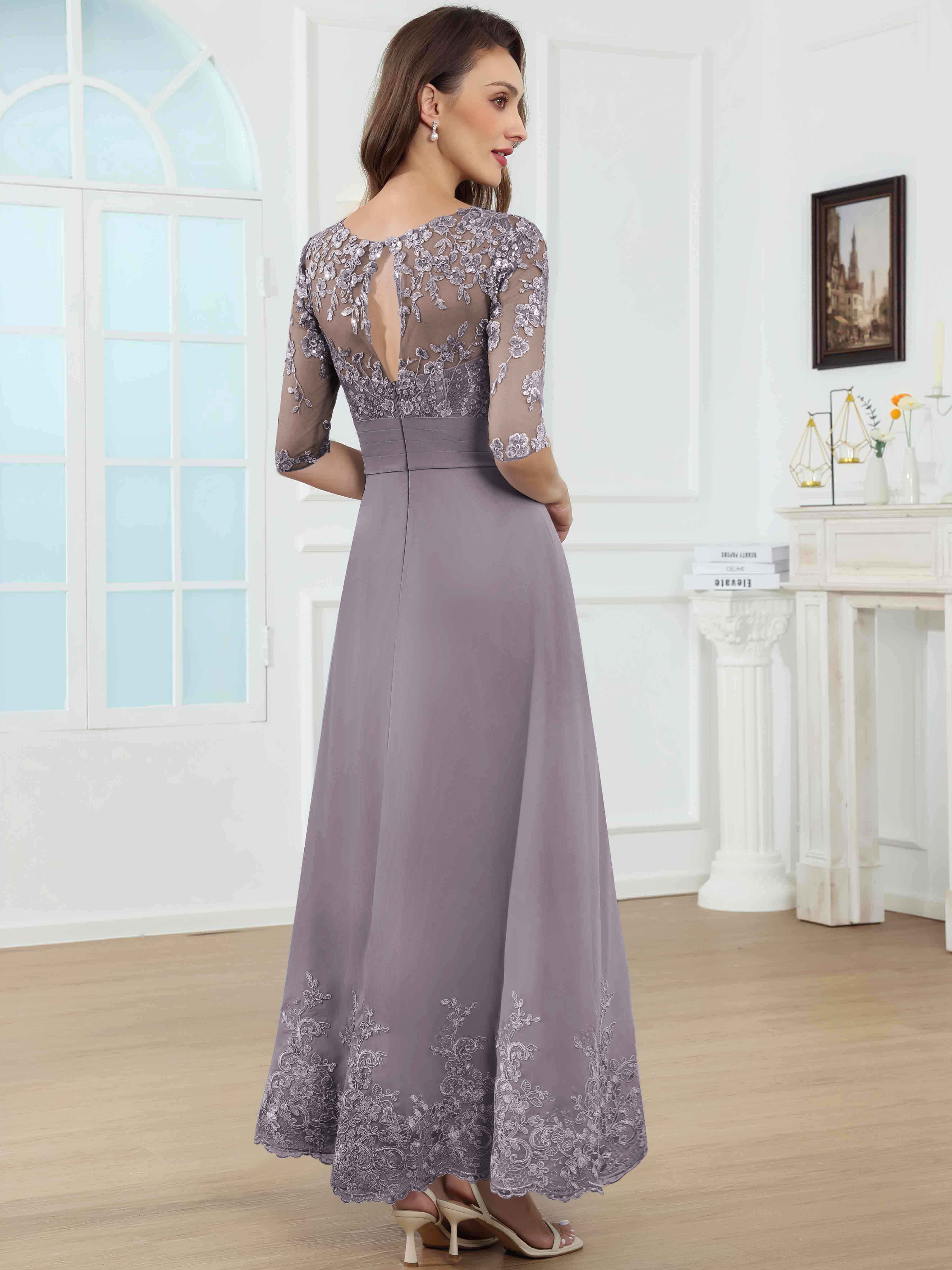 ROVDESY A-Line Lace Sequin Pleated Chiffon Mother Of The Bride Dress With Half Sleeves