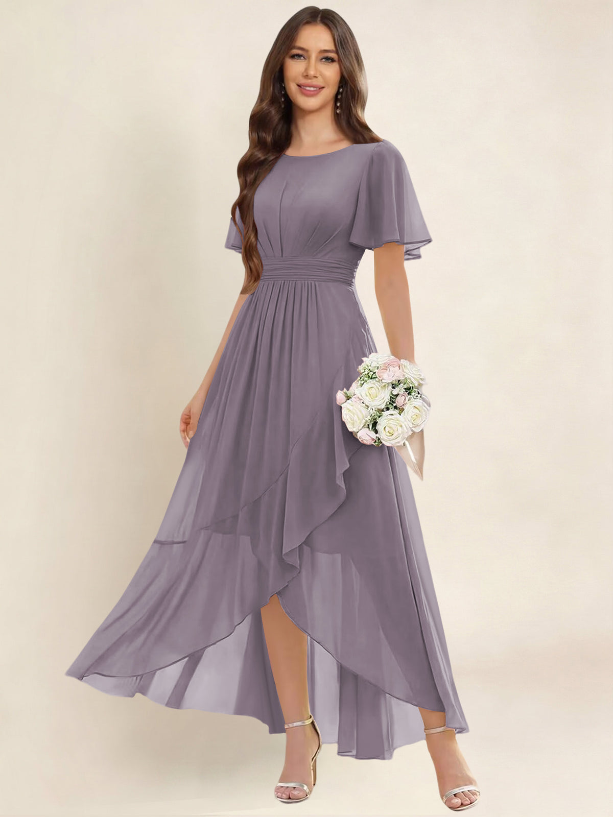 ROVDESY A-Line High Low Round Neck Pleated Ruffle Chiffon Bridesmaid Dress With Short Sleeves