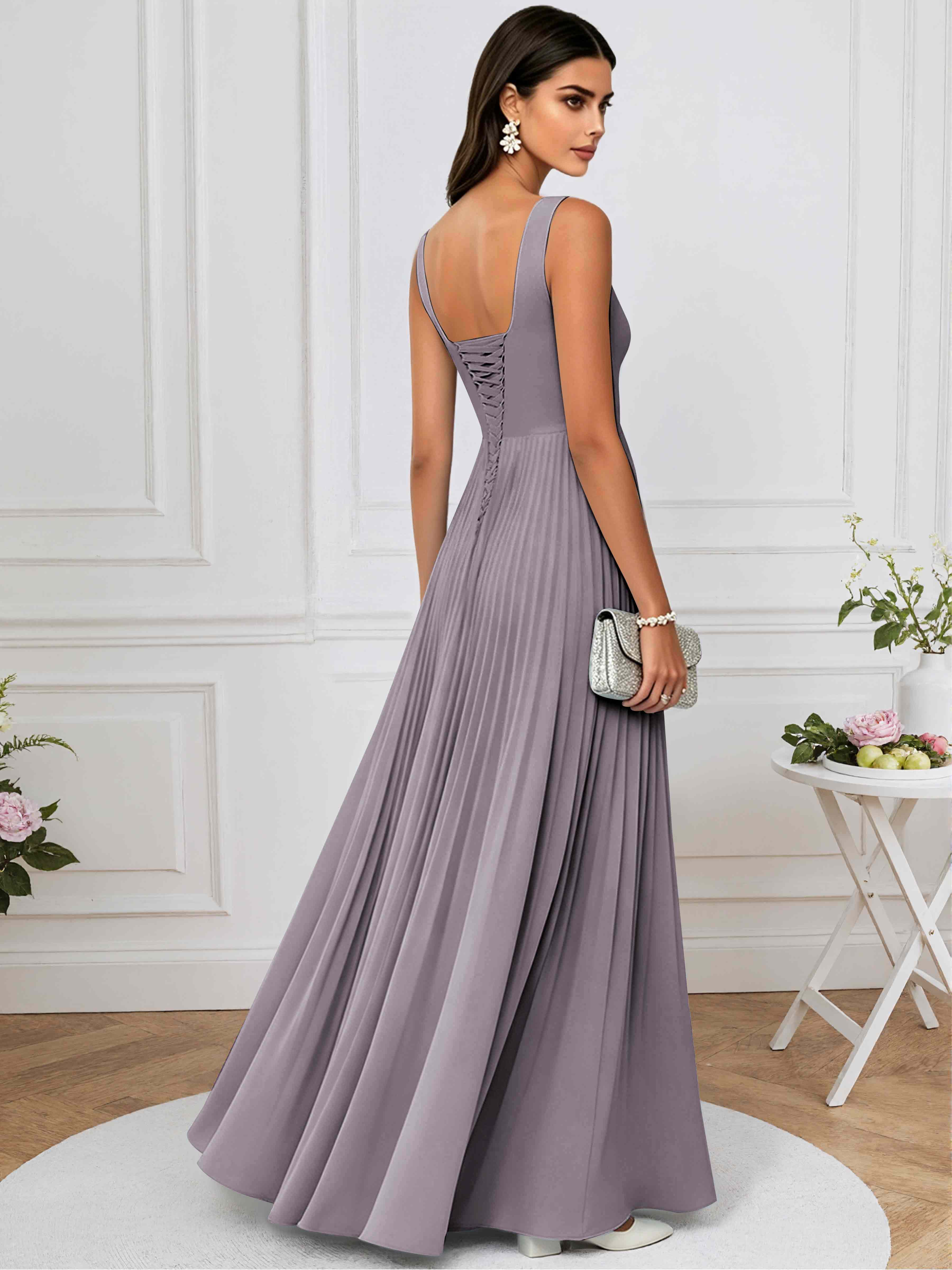 ROVDESY A-Line Square Neck Pleated Chiffon Long Bridesmaid/Prom Dress