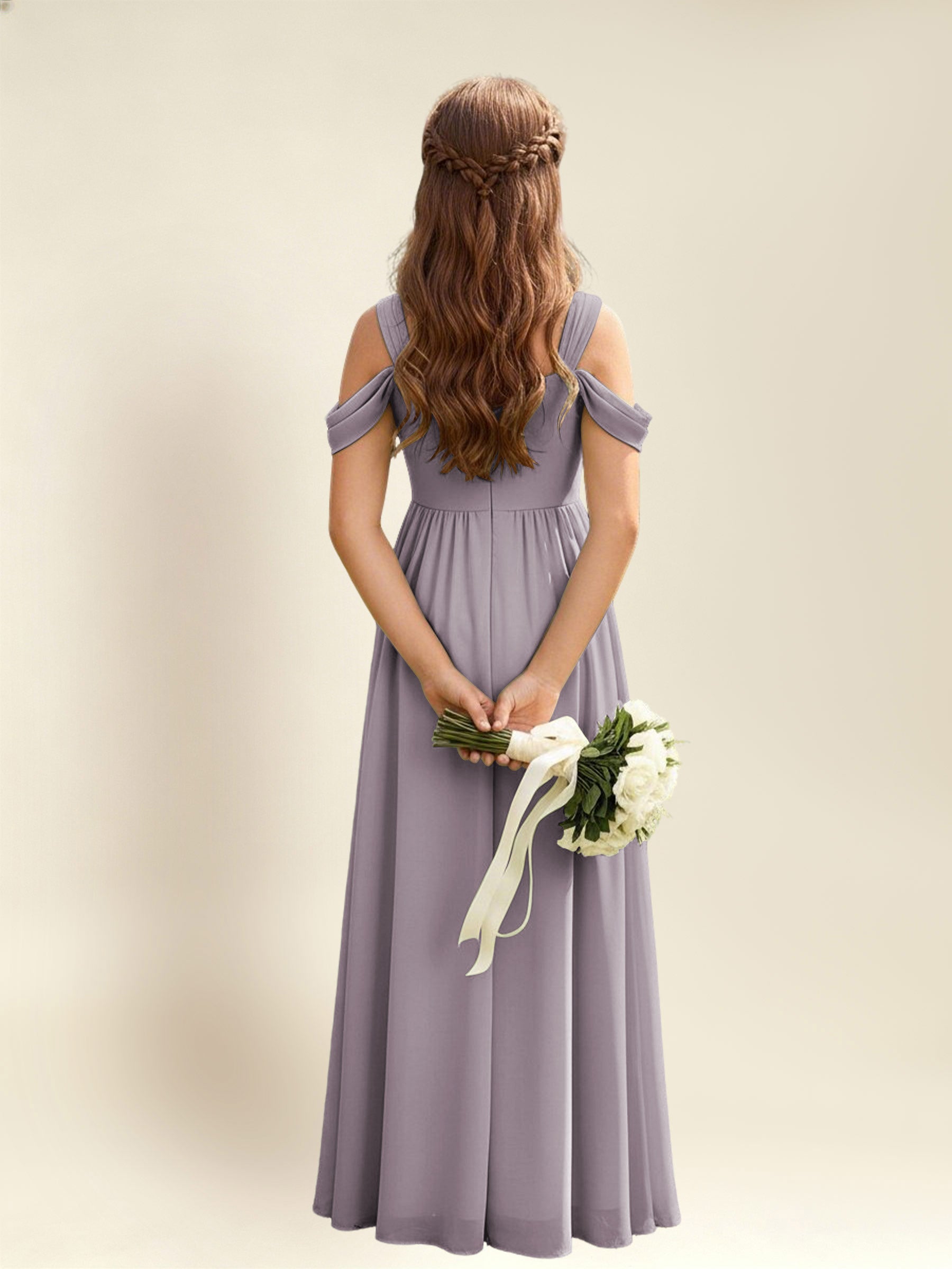 ROVDESY A-Line Off The Shoulder Pleated Chiffon Junior Bridesmaid Dress