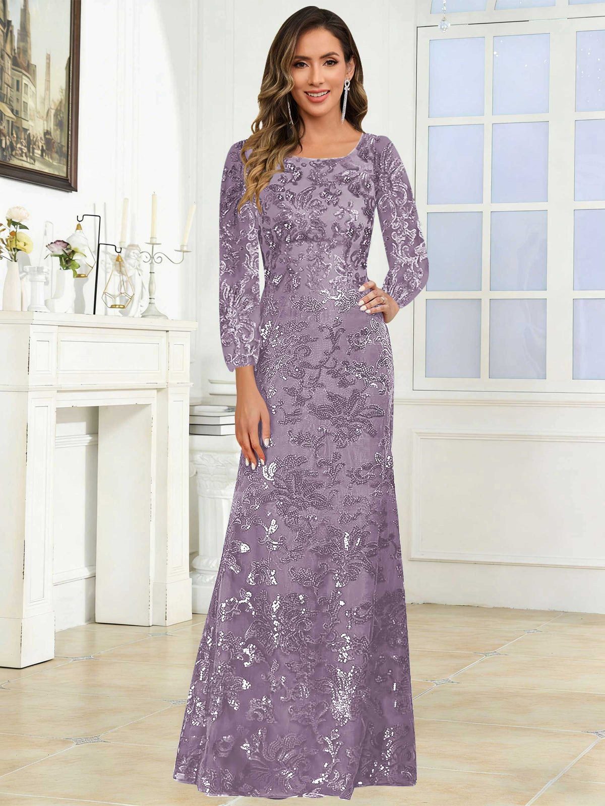 Crew Neck Sequin Lace Long Sleeve Mother of the Bride Dress
