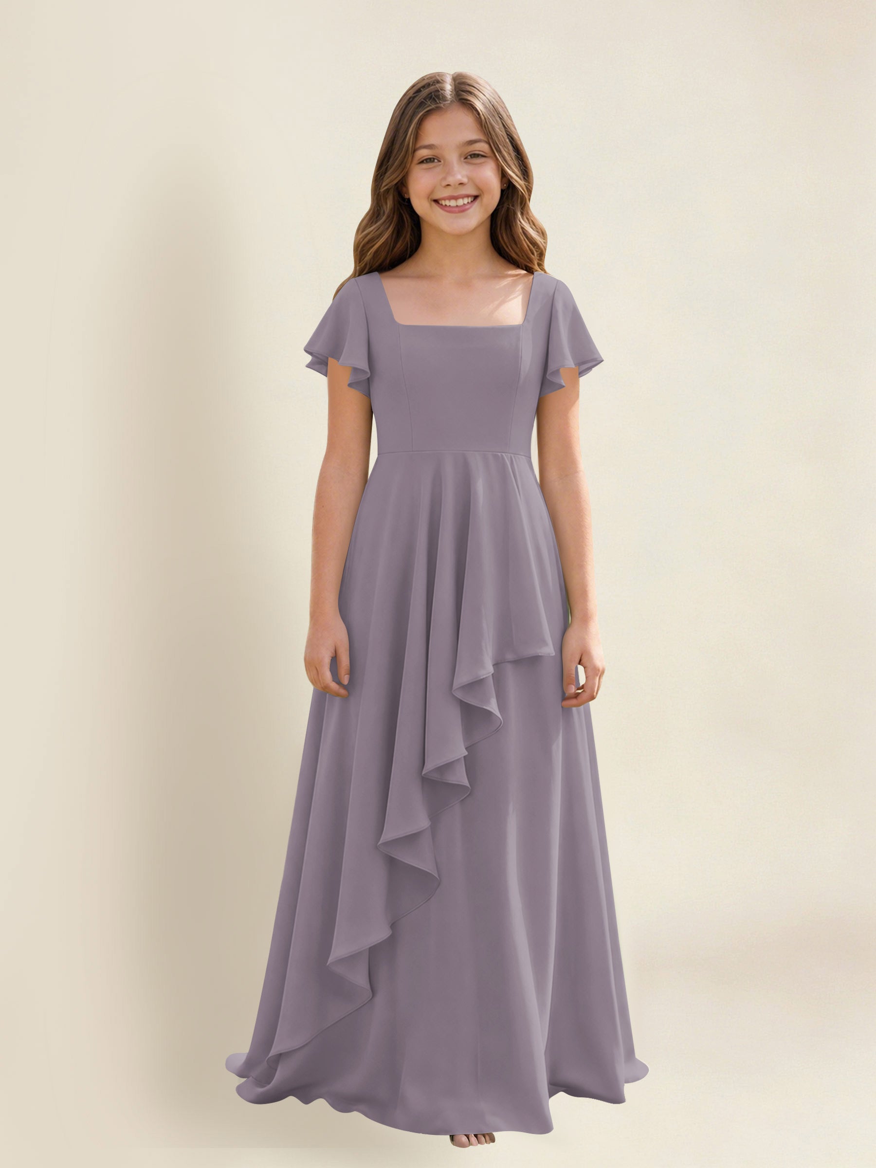 ROVDESY A-Line Square Neck Ruffle Chiffon Junior Bridesmaid Dress With Short Sleeves