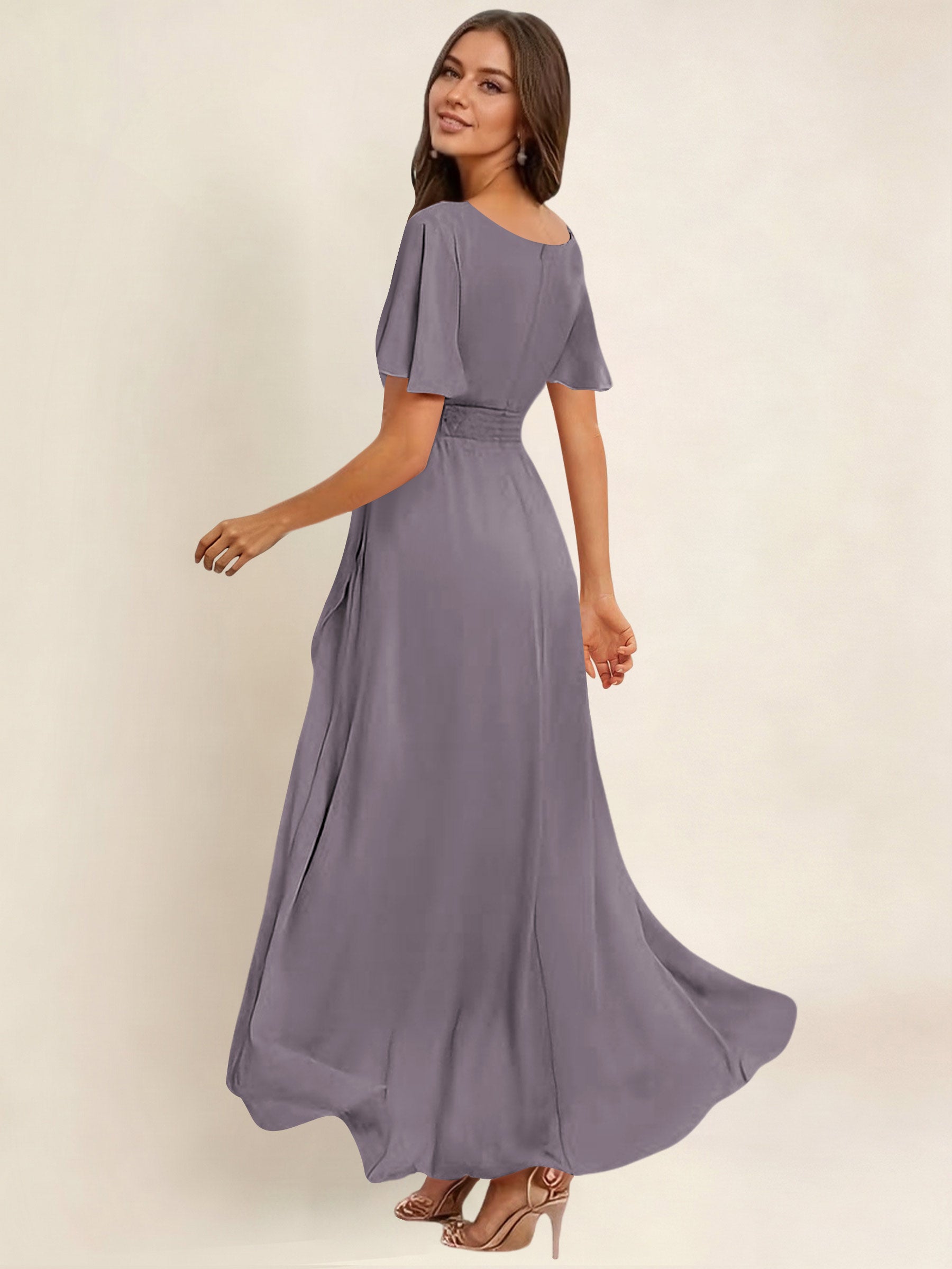 ROVDESY A-Line High Low Round Neck Pleated Ruffle Chiffon Bridesmaid Dress With Short Sleeves