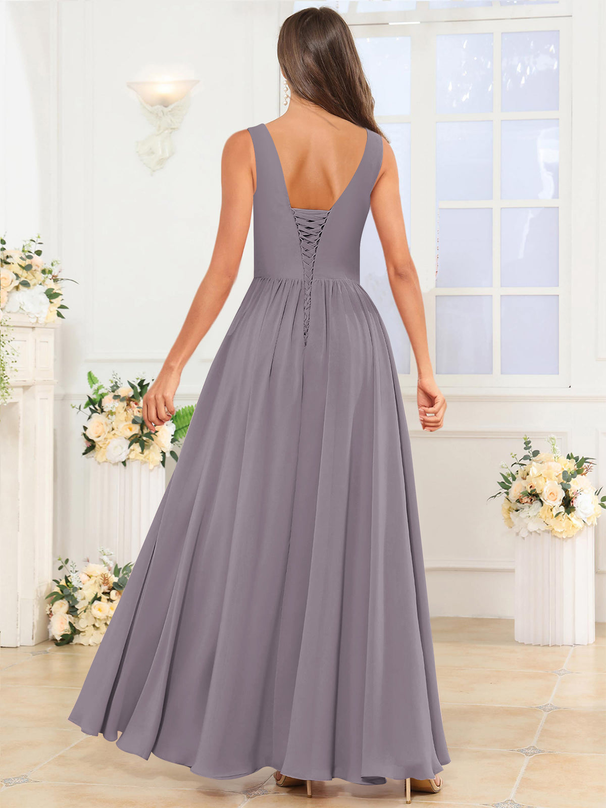 V Neck Chiffon A Line Bridesmaid Dress with Slit