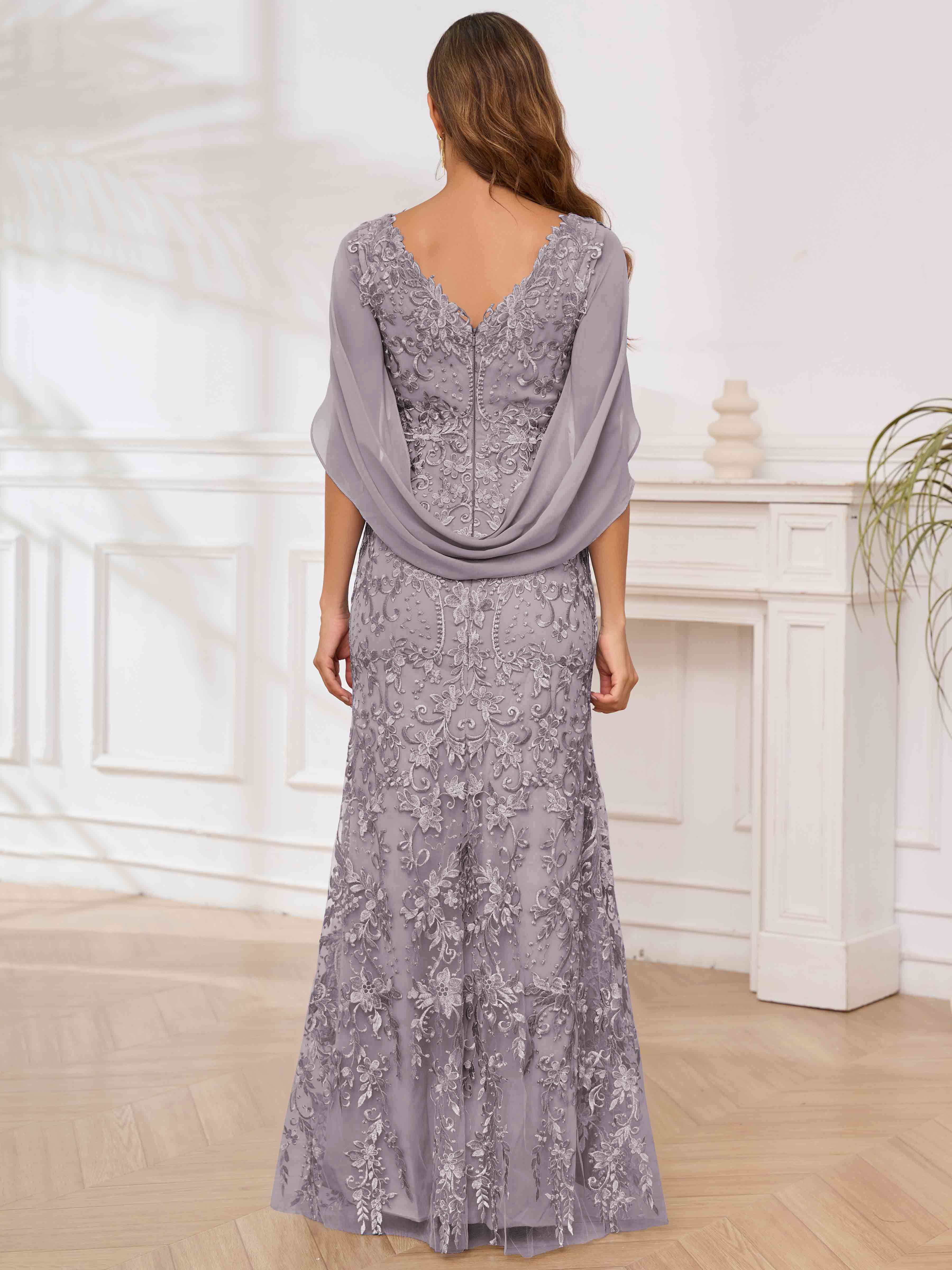 ROVDESY V-Neck Lace Mermaid Mother Of The Bride Dress With Cape Sleeves Long Formal Gown