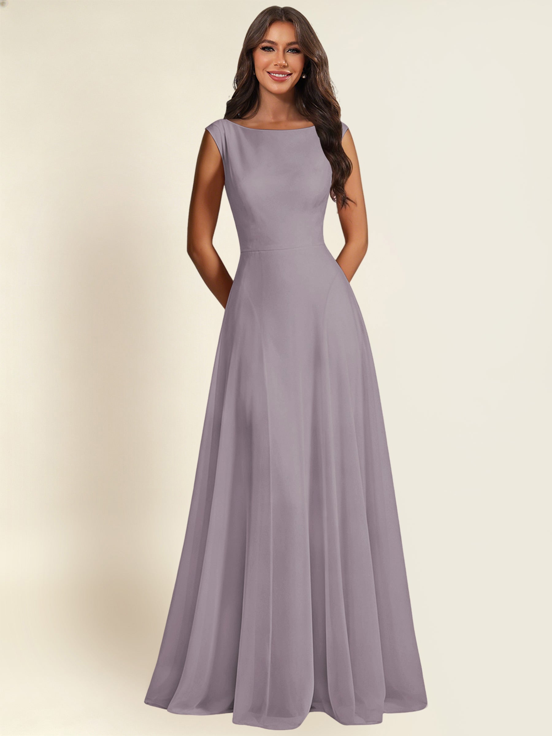 ROVDESY A-Line Chiffon Long Bridesmaid Dress With Sleeveless