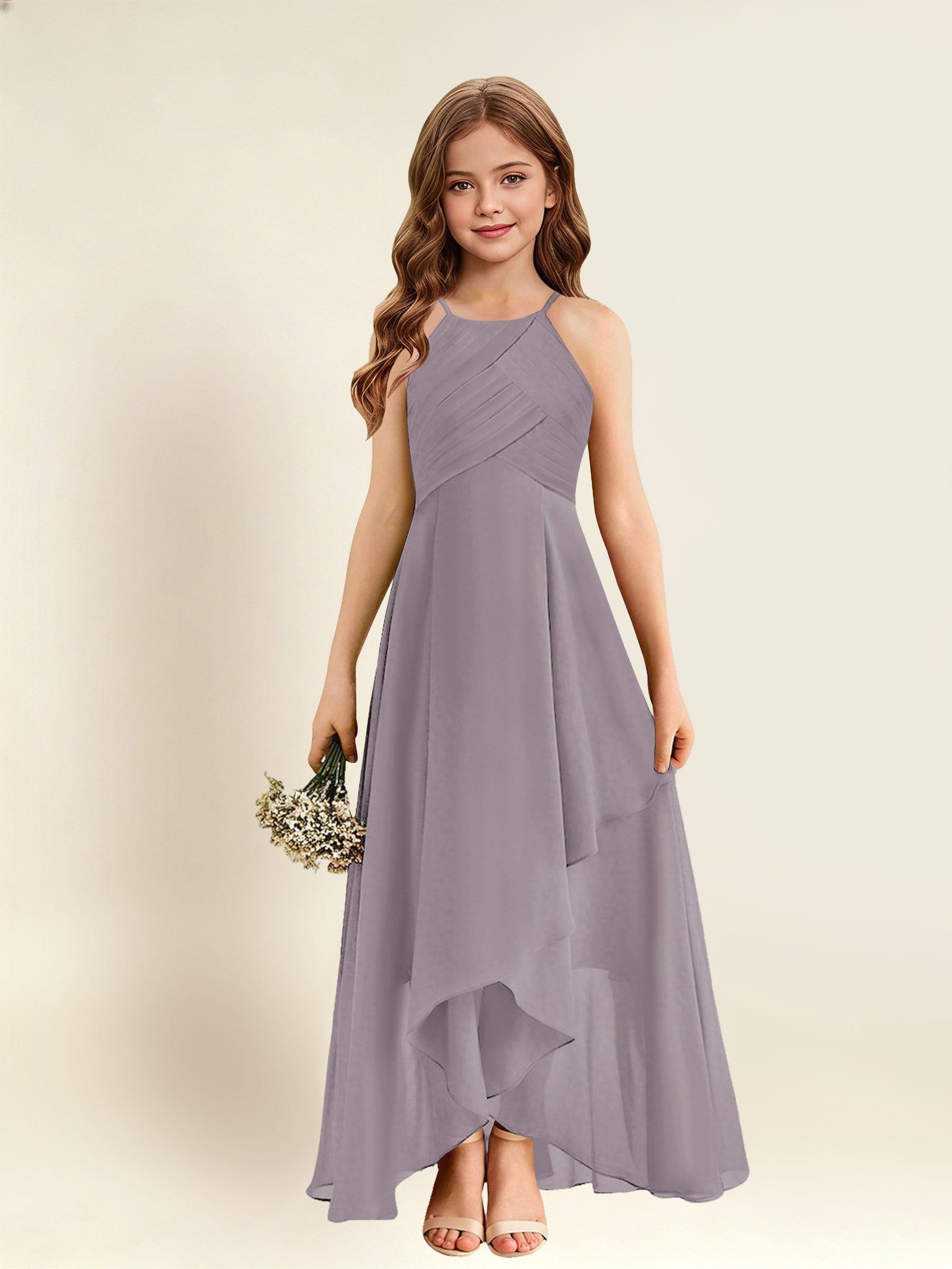 ROVDESY A-Line Halter Pleated Chiffon Junior Bridesmaid Dress