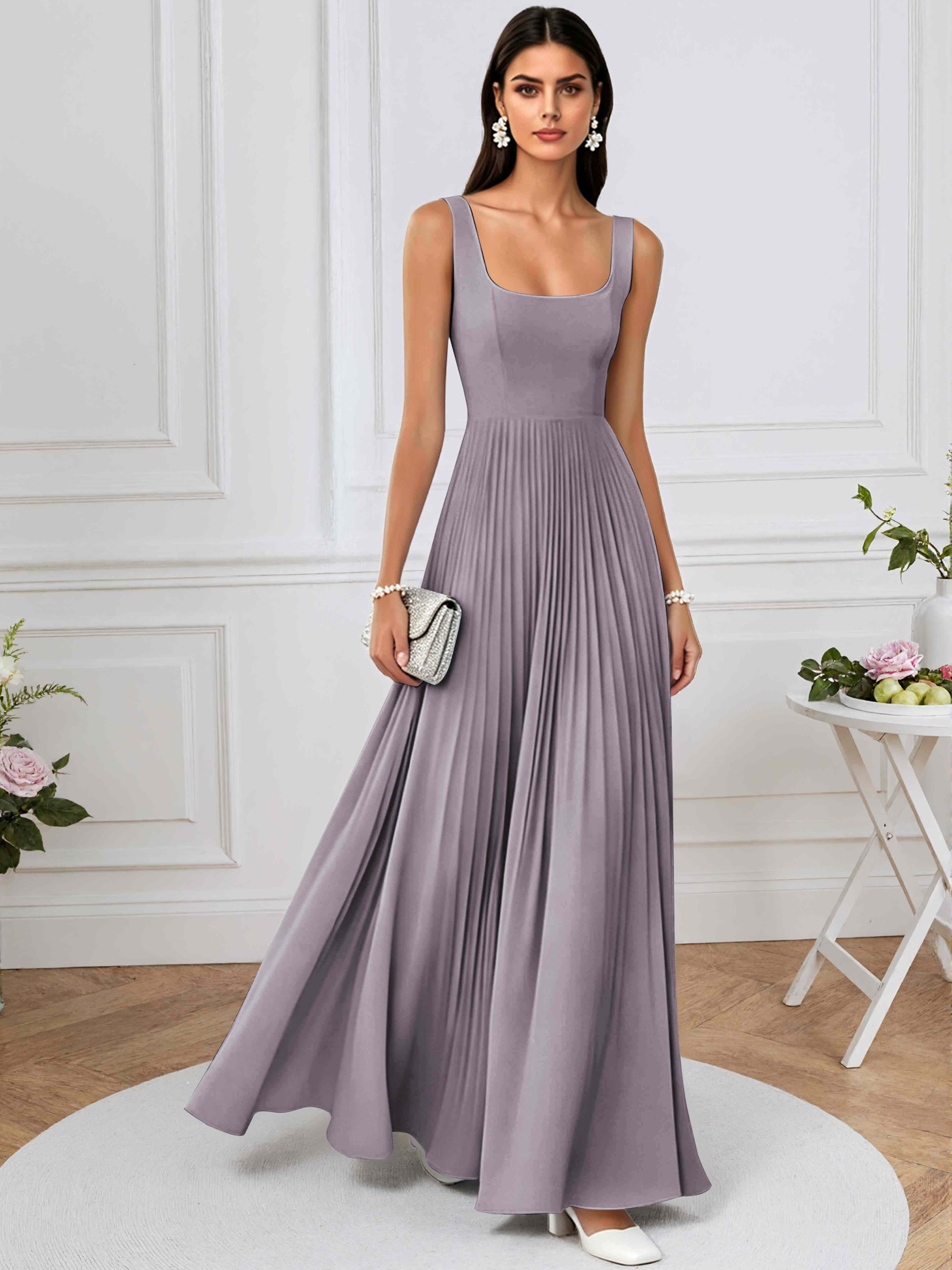 ROVDESY A-Line Square Neck Pleated Chiffon Long Bridesmaid/Prom Dress