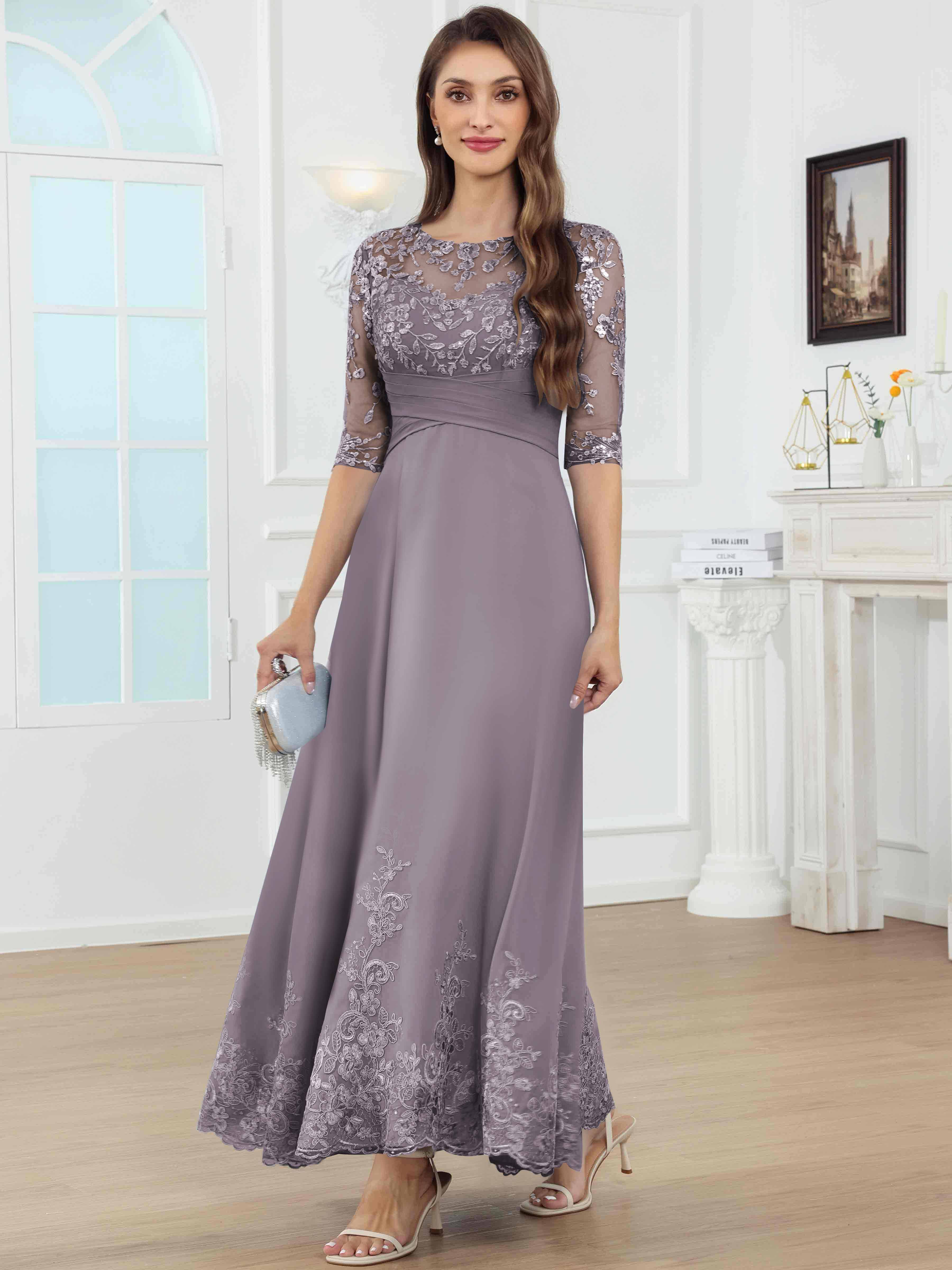 ROVDESY A-Line Lace Sequin Pleated Chiffon Mother Of The Bride Dress With Half Sleeves