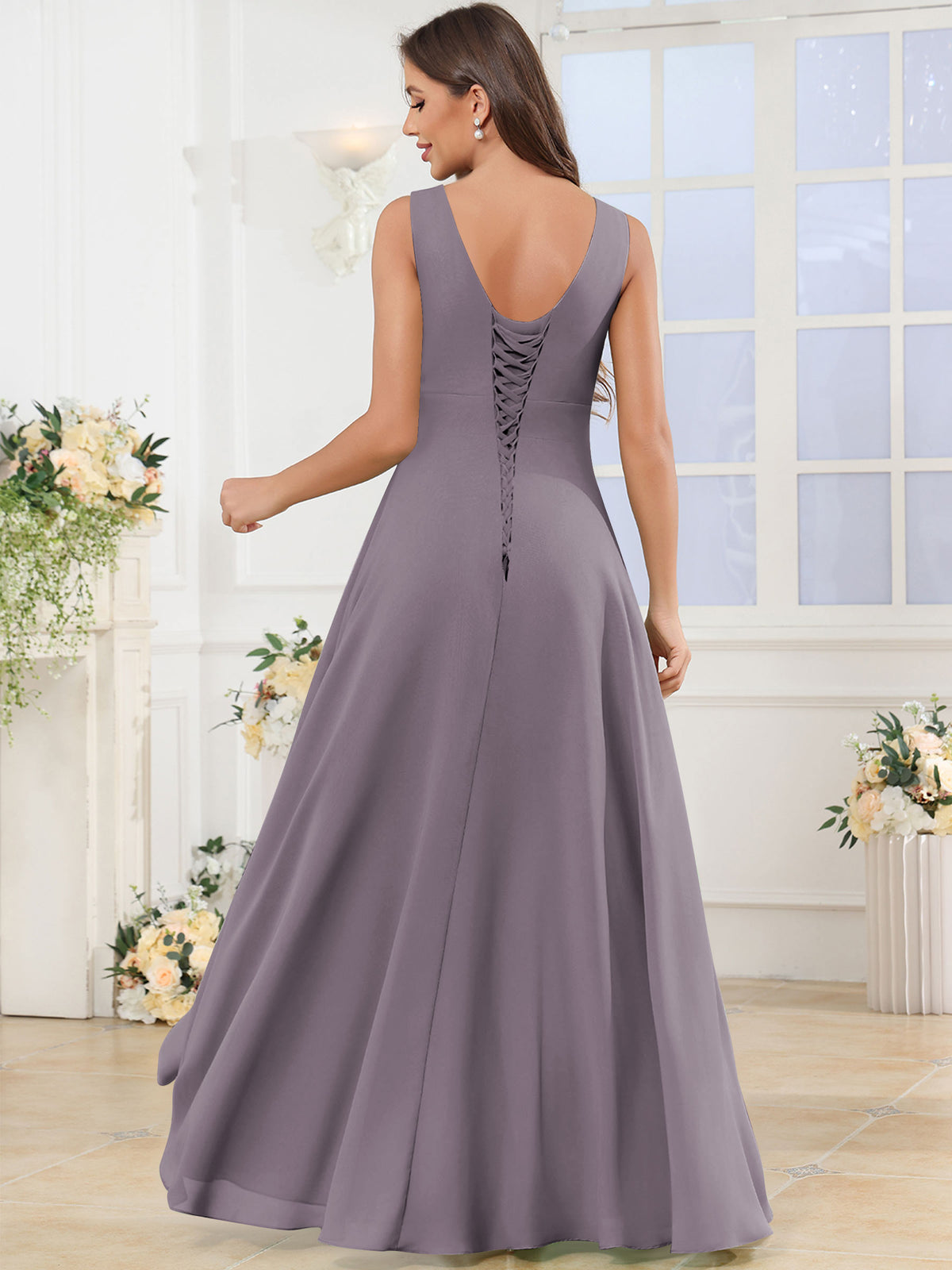 V Neck Chiffon A Line Ruffle Bridesmaid Dress with Slit