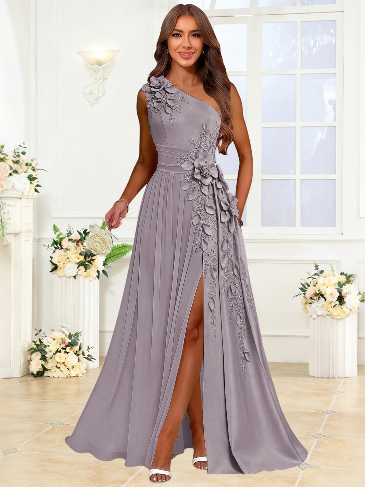 One Shoulder 3D Flower Chiffon Bridesmaid Dress with Slit