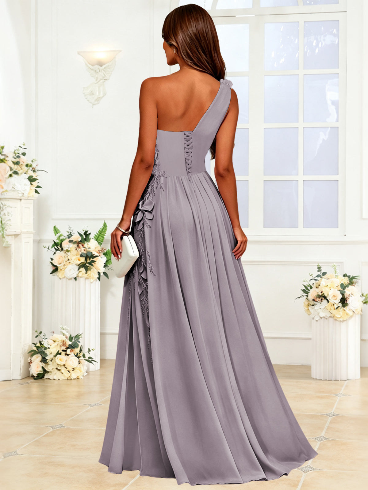 One Shoulder 3D Flower Chiffon Bridesmaid Dress with Slit