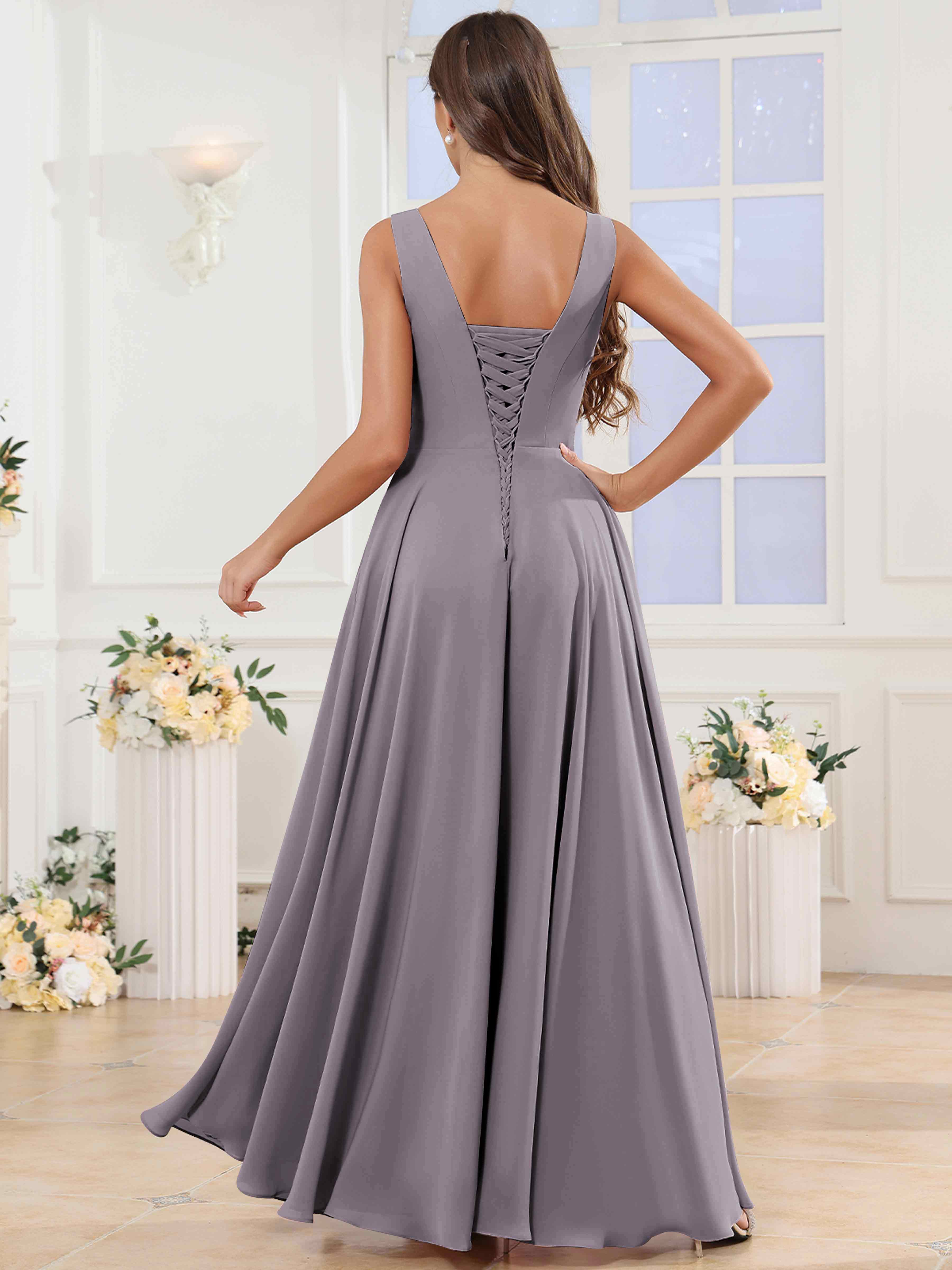ROVDESY V-Neck Pleated Sleeveless Ruffle Chiffon Bridesmaid Dress With Slit