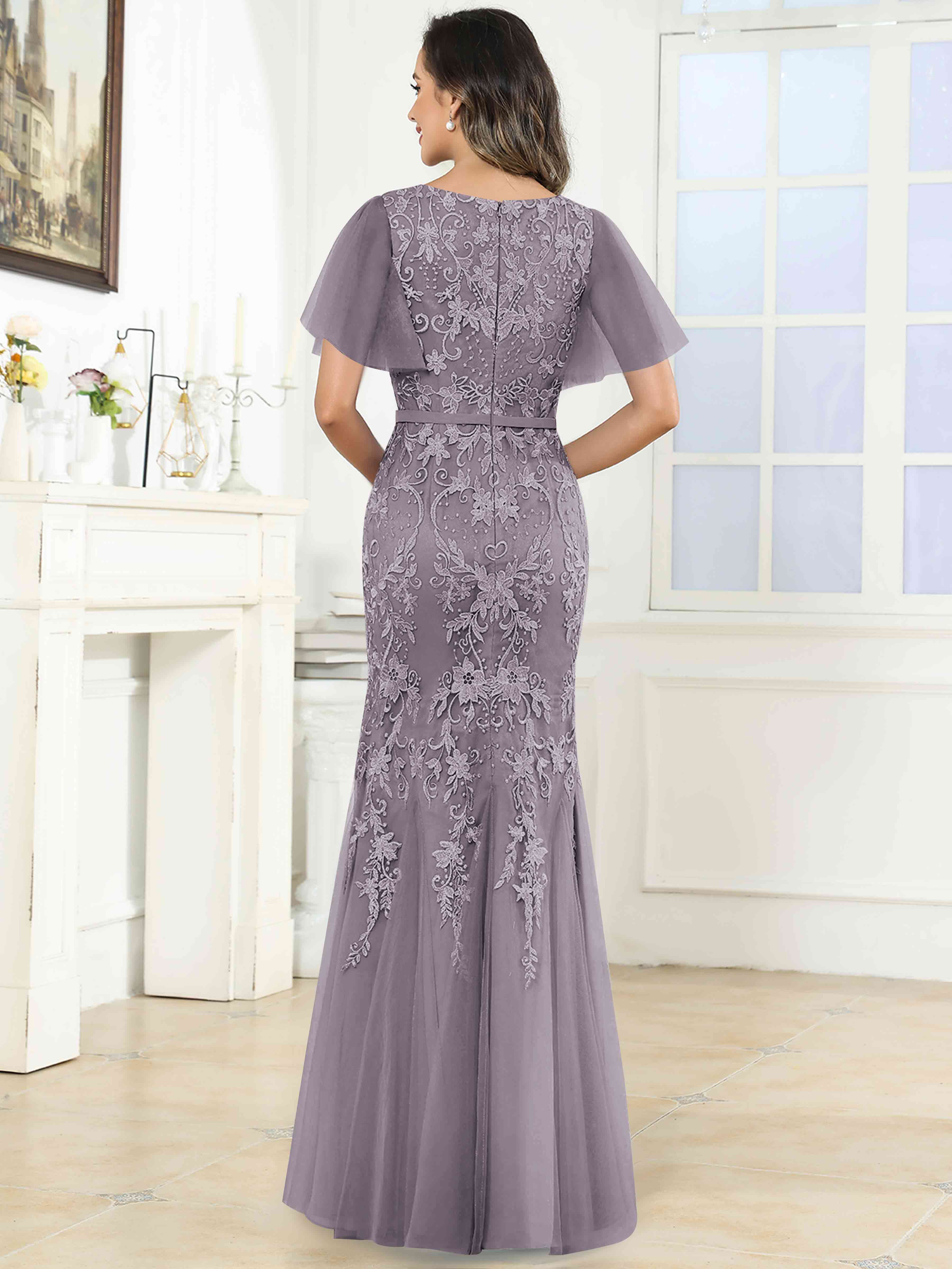 ROVDESY Elegant V-Neck Lace Mermaid Long Mother Of The Bride Dress Formal Gown With Sleeves