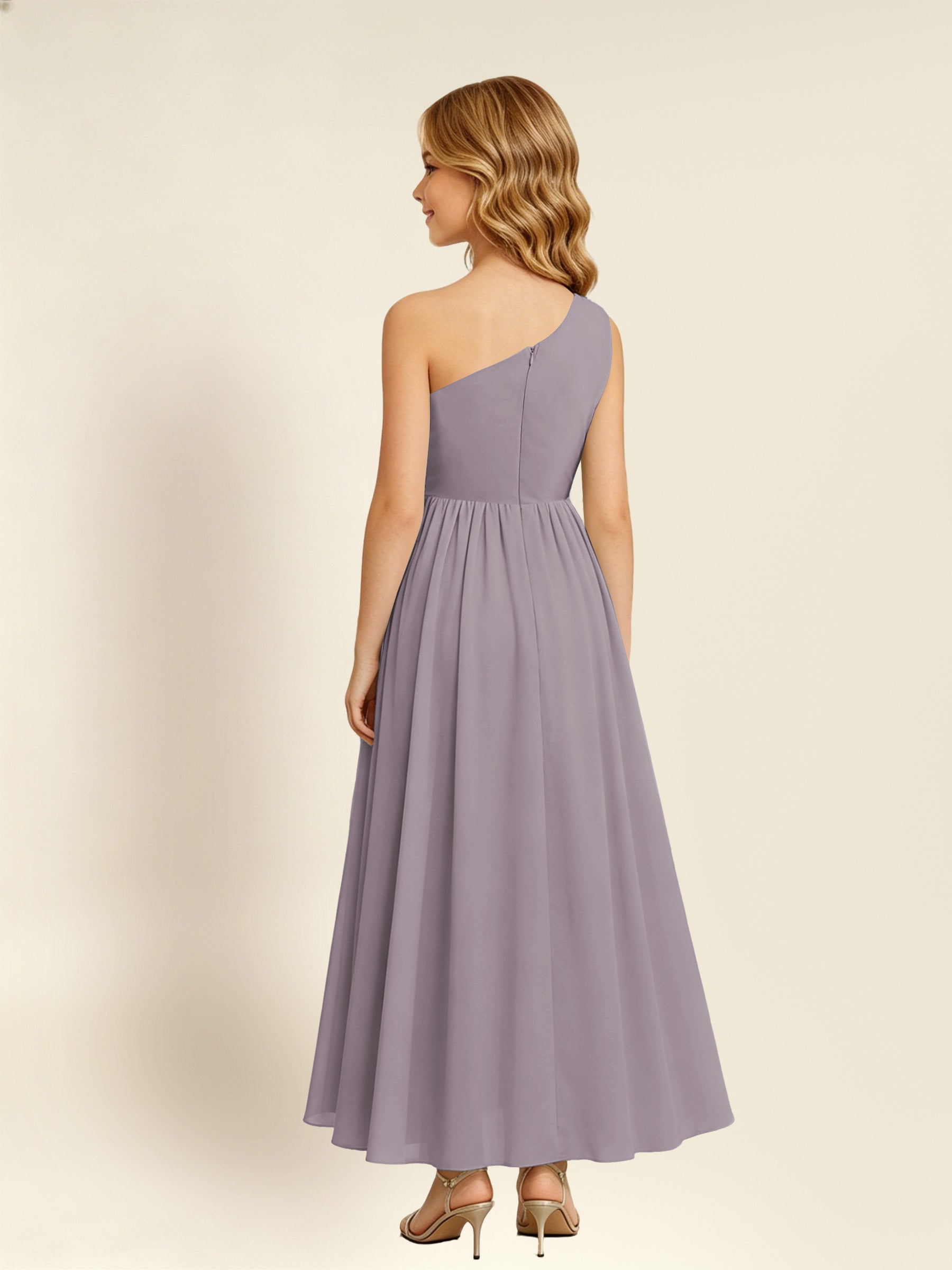 ROVDESY One Shoulder Twist Waist Chiffon Junior Bridesmaid Maxi Dress
