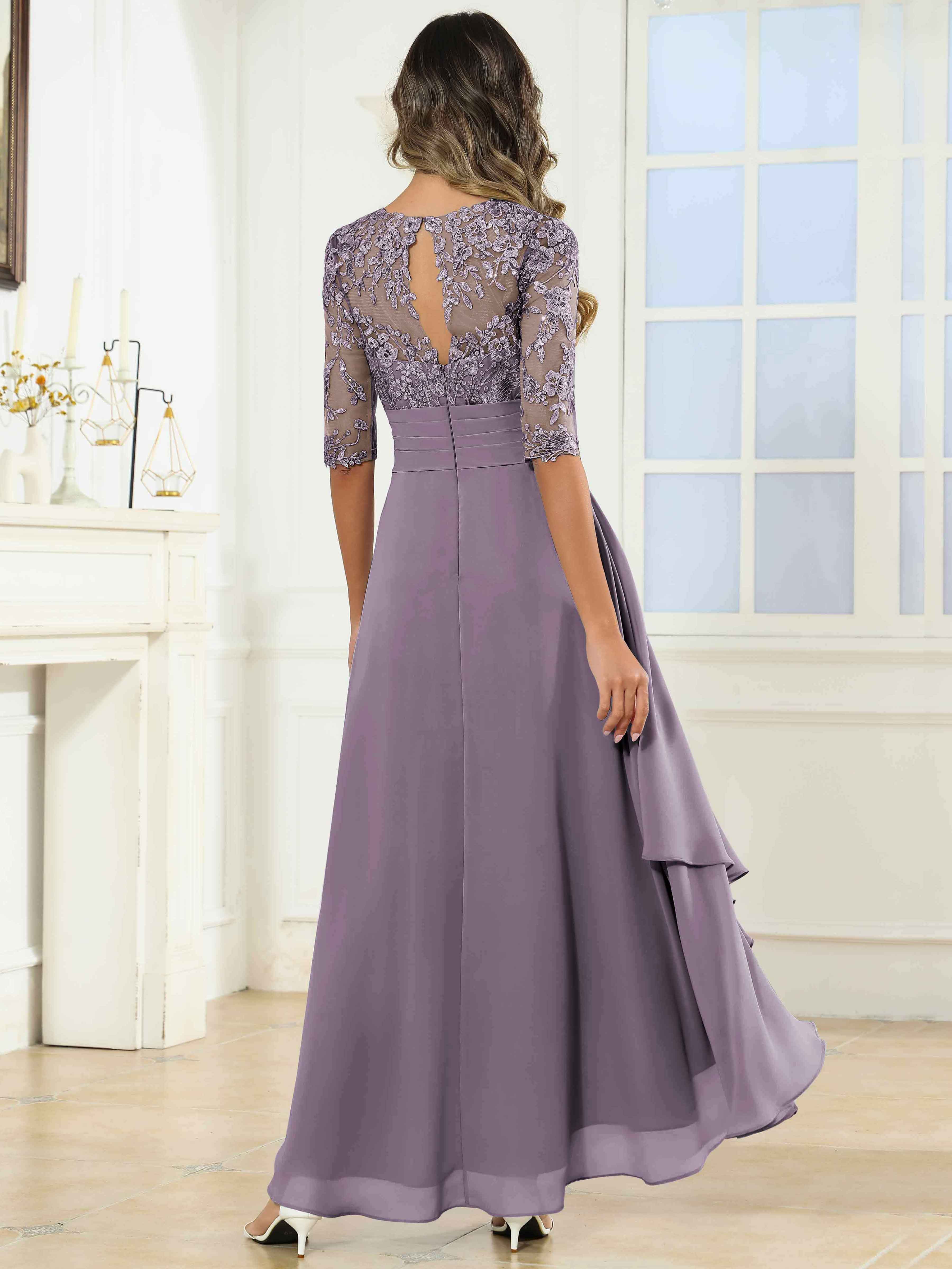 ROVDESY Tea Length A-Line Lace Chiffon Mother Of The Bride Dress With Half Sleeves