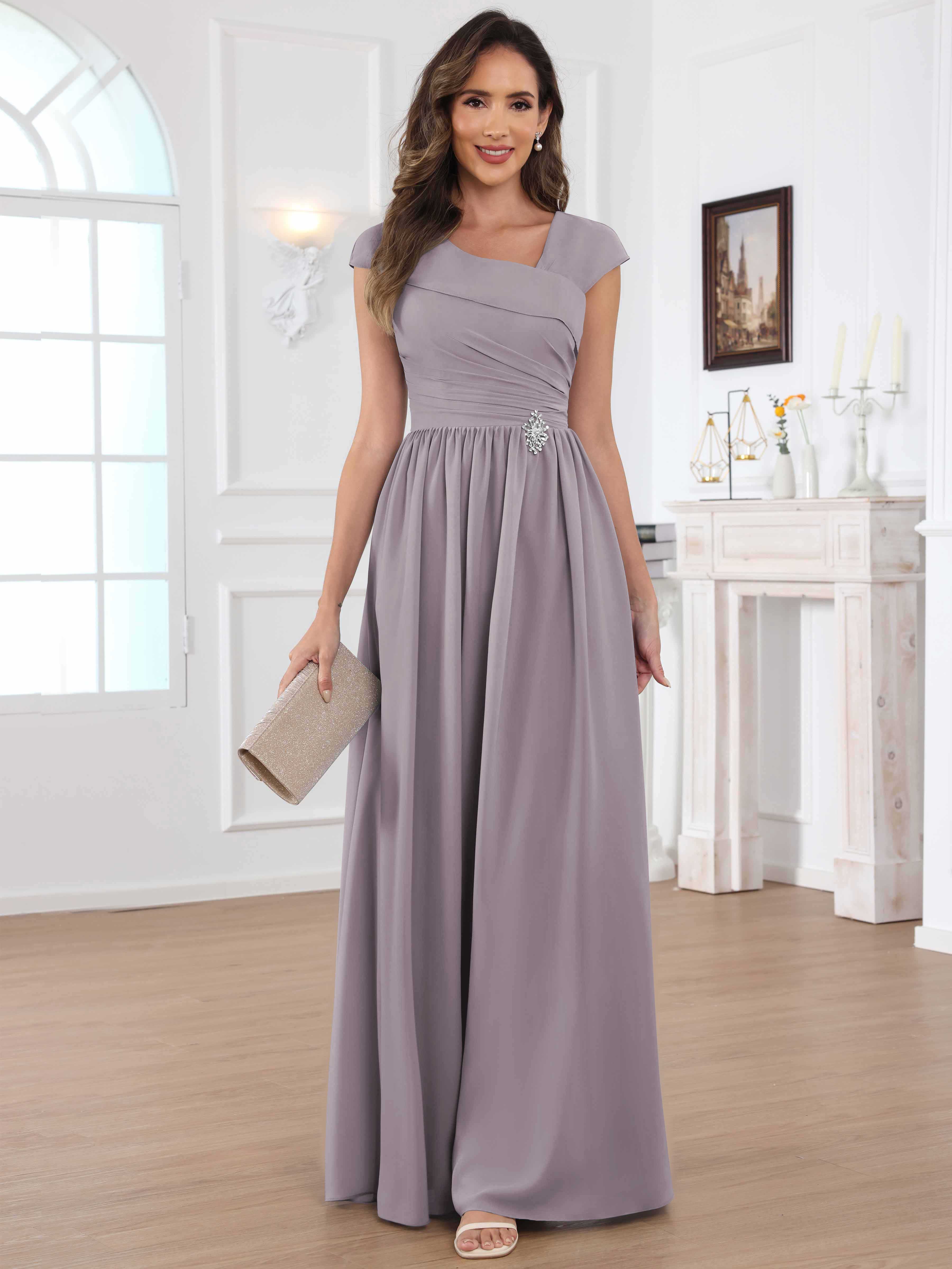 ROVDESY A-Line Cap Sleeves Pleated Chiffon Mother Of The Bride Dress