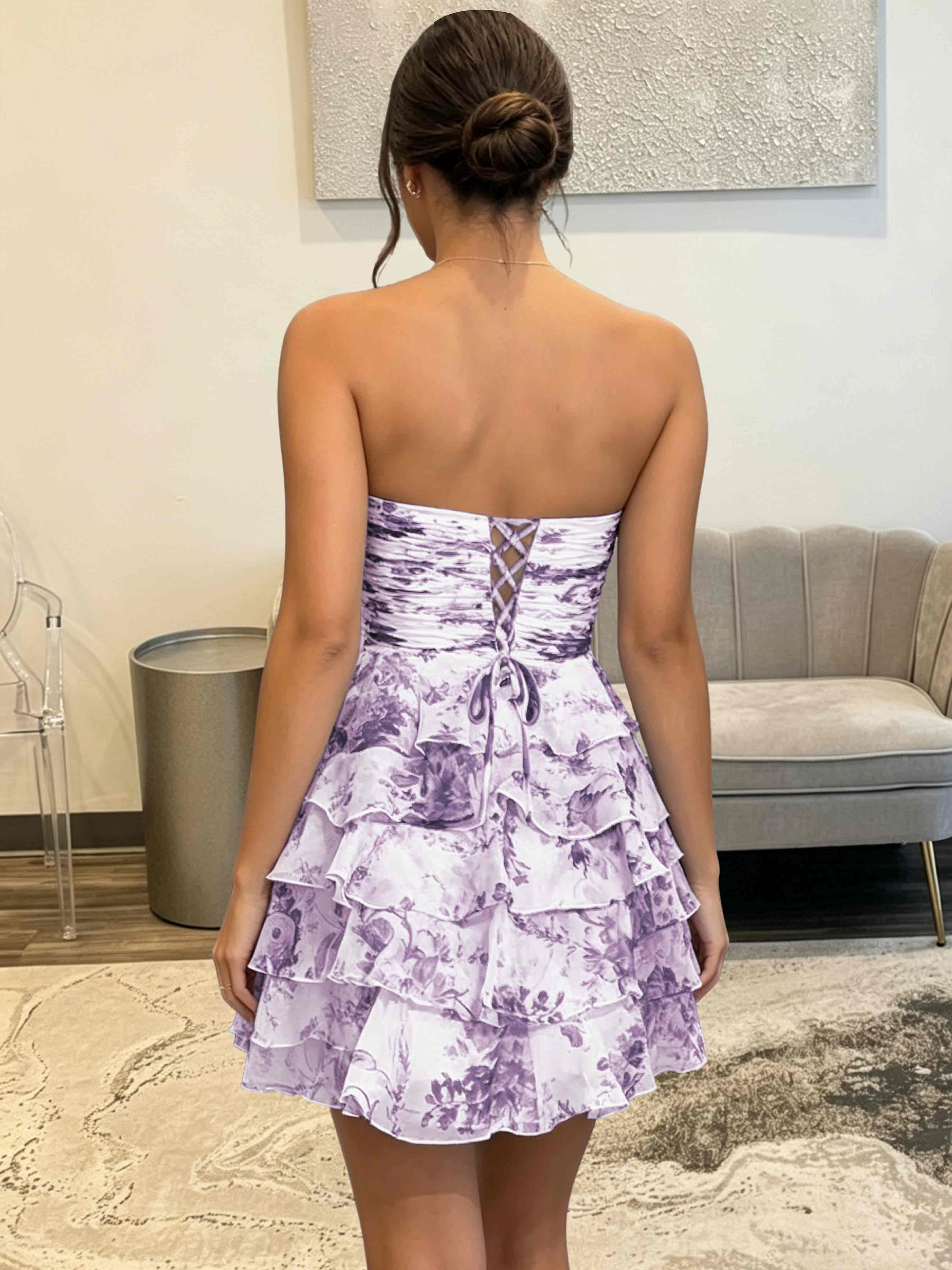 ROVDESY Strapless Tiered Ruffle Floral Print Chiffon Homecoming Mini Dress