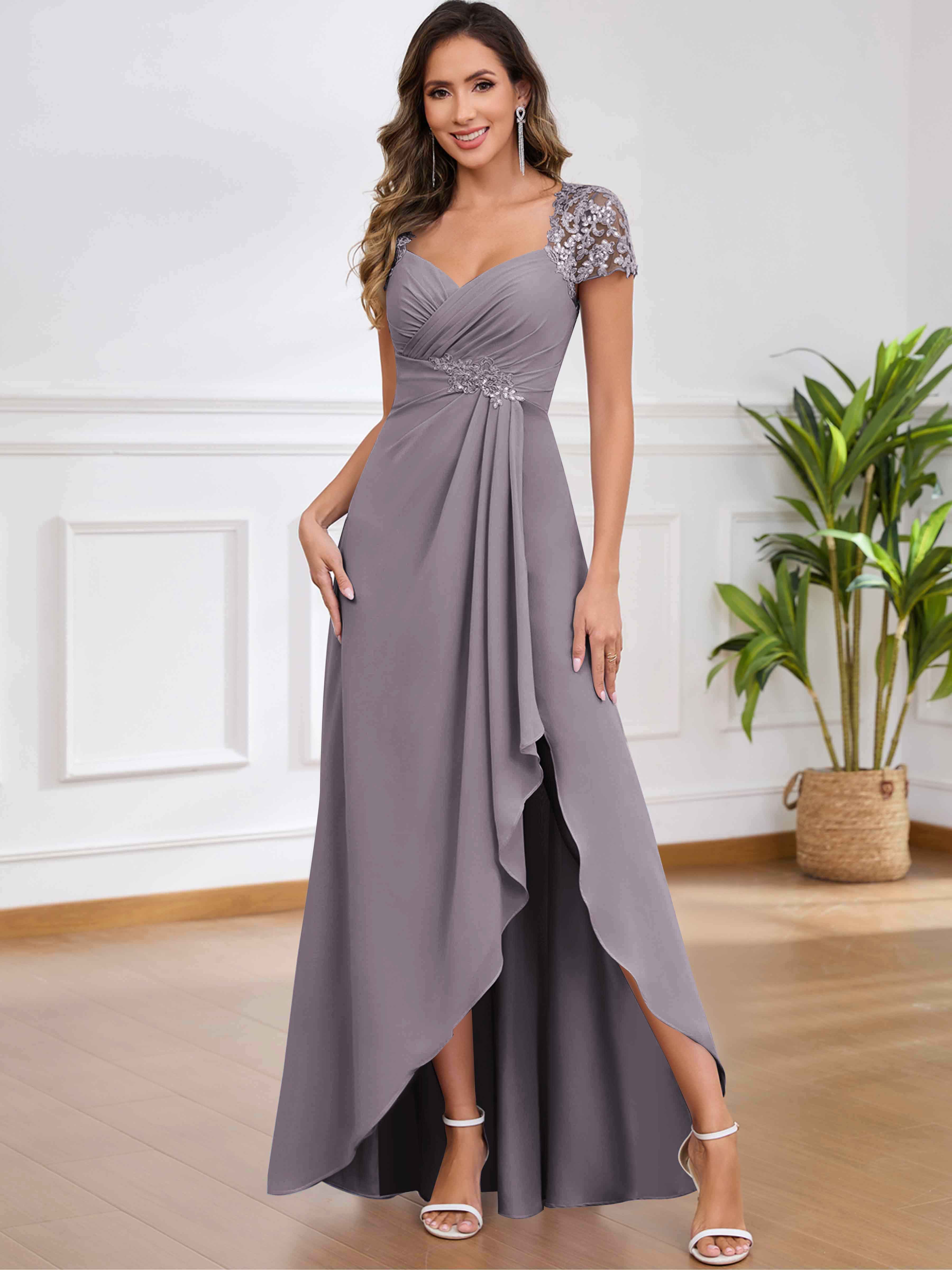 ROVDESY A-Line Pleated Lace Sequin Ruffle Chiffon Mother Of The Bride Dress With Slit