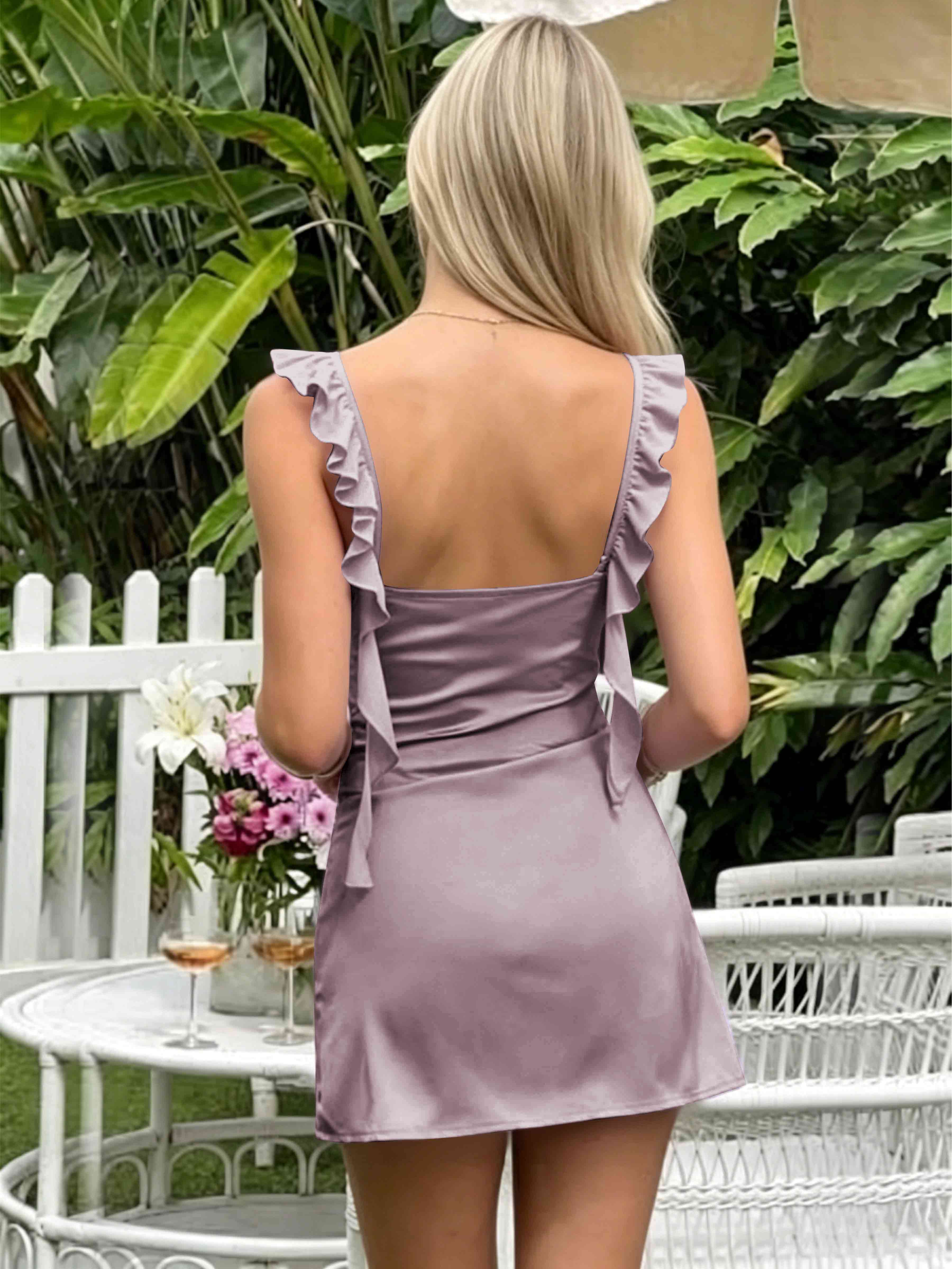 ROVDESY A-Line Ruffle Strap Satin Homecoming Mini Dress