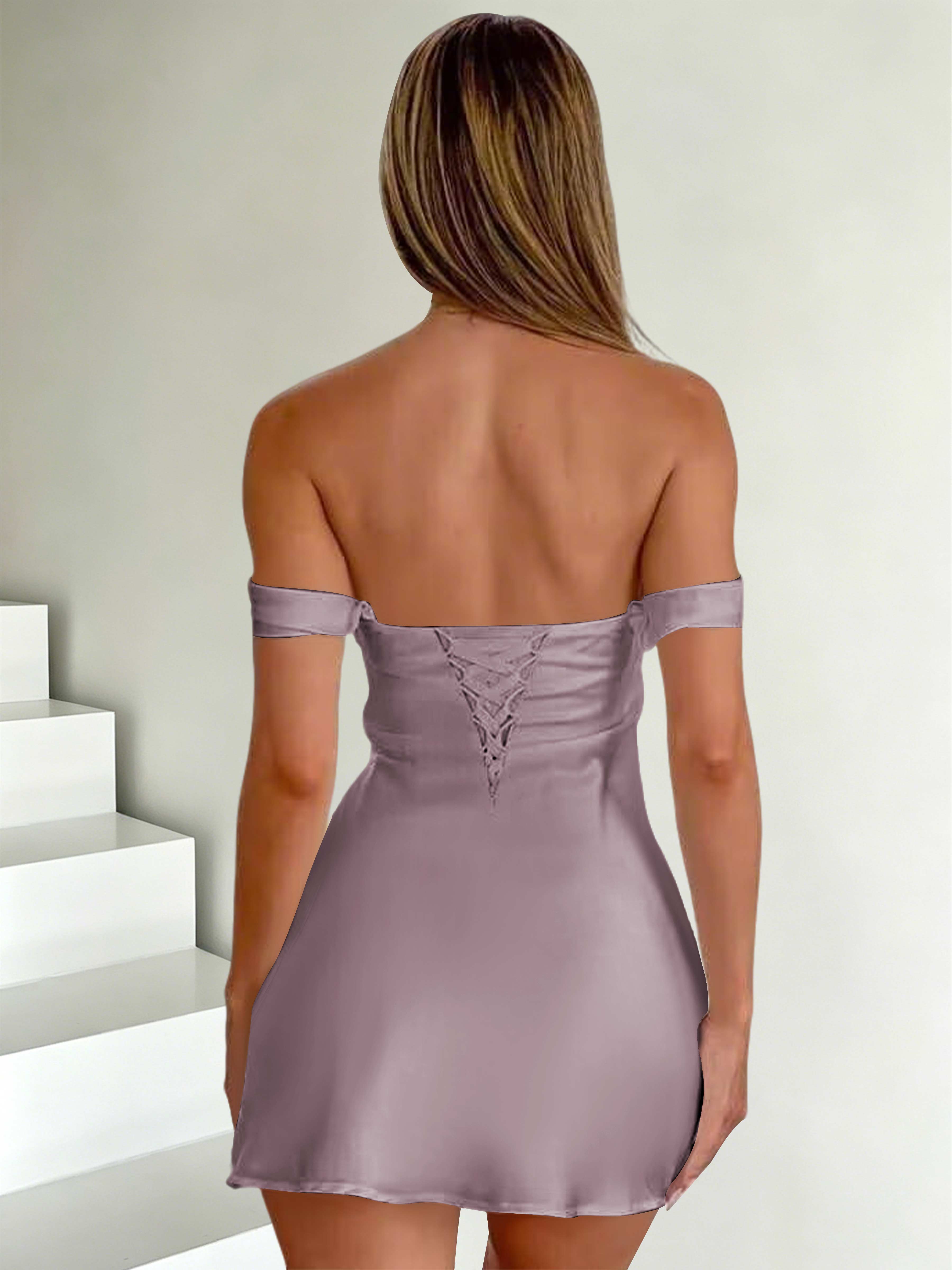 ROVDESY Off The Shoulder A-Line Pleated Satin Homecoming Mini Dress