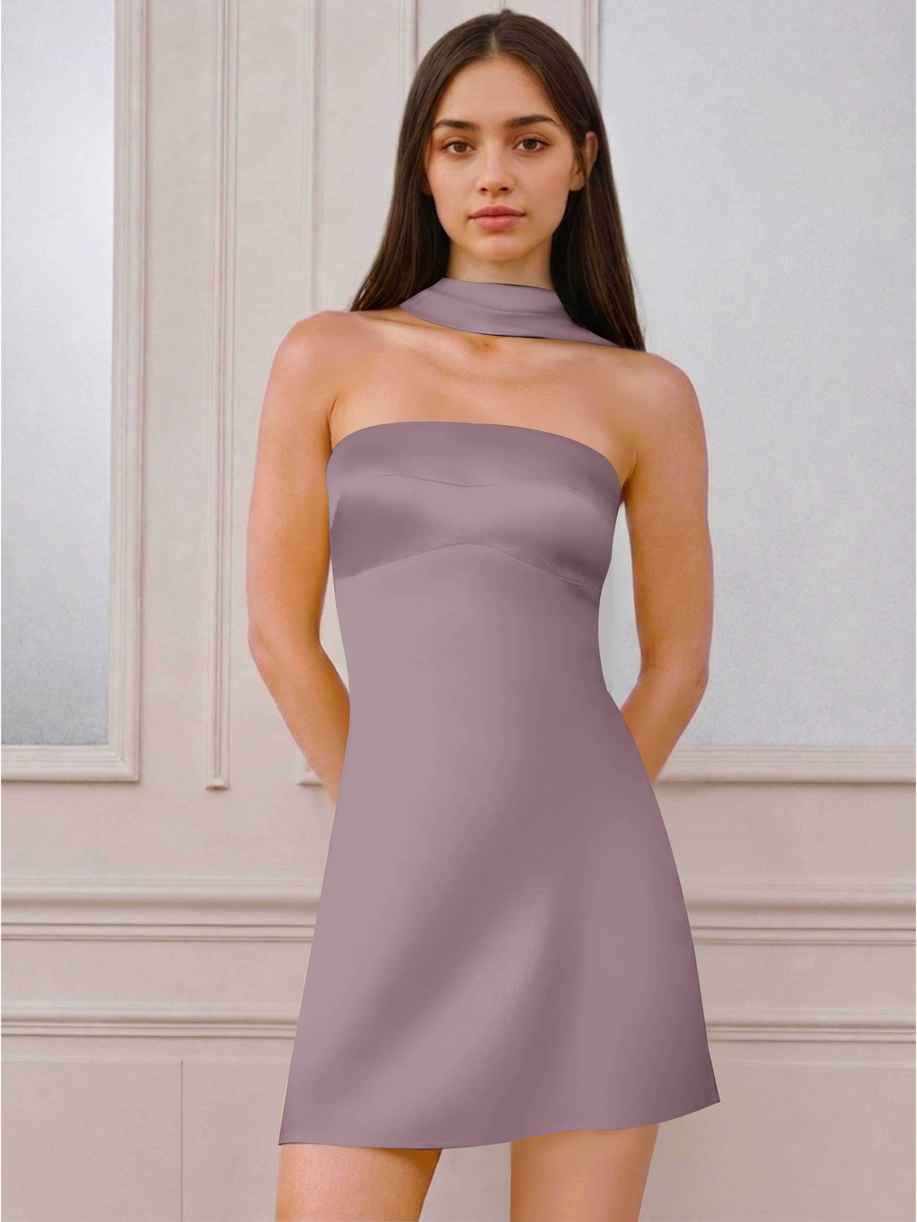 ROVDESY A-Line Halter Neck Satin Homecoming Mini Dress