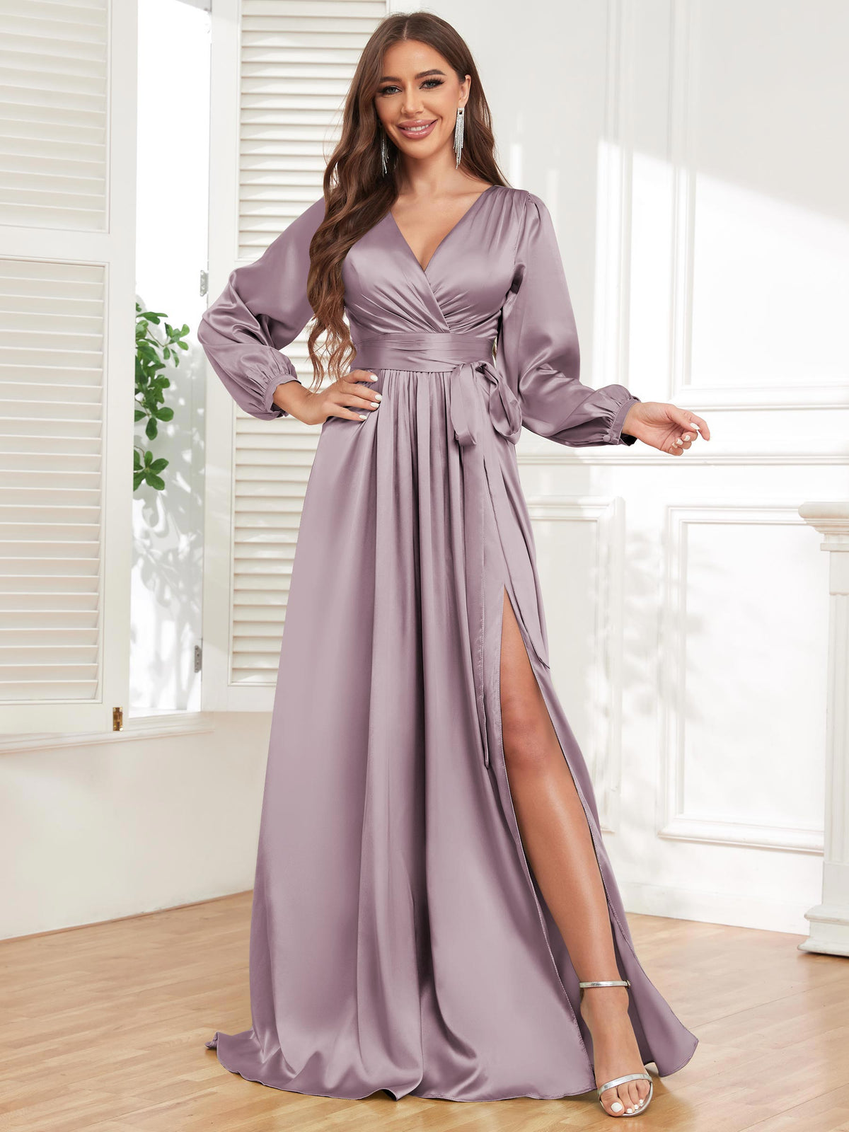 V Neck Satin Long Sleeve Bridesmaid Dress with Slit