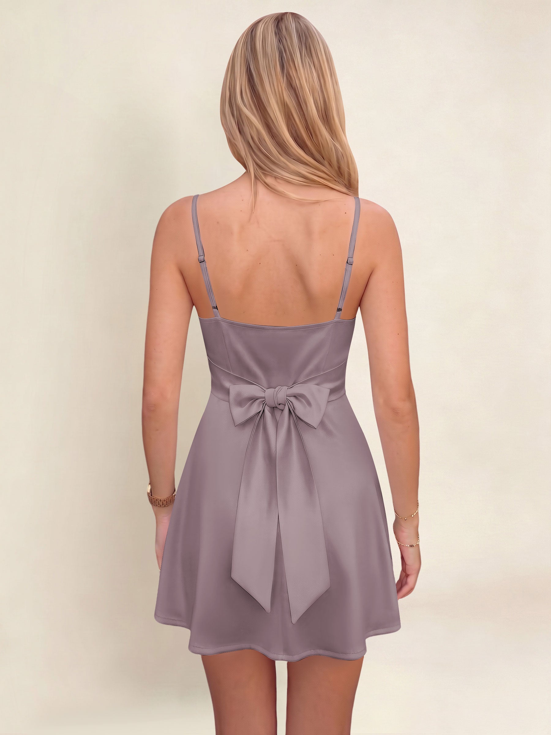 ROVDESY A-Line Spaghetti Strap Cowl Neck Satin Mini Homecoming Dress With Bow