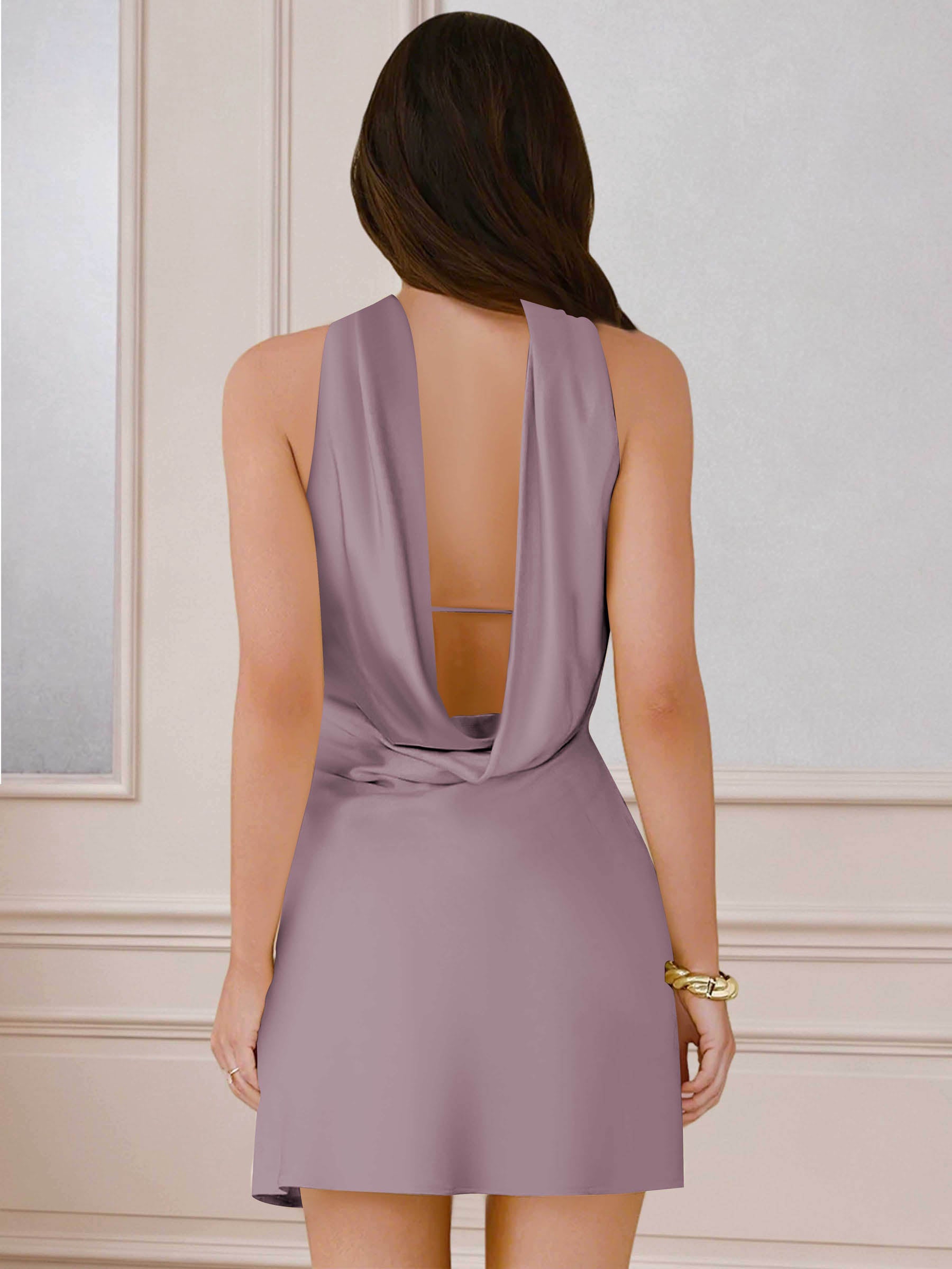ROVDESY A-Line Halter Neck Satin Homecoming Mini Dress