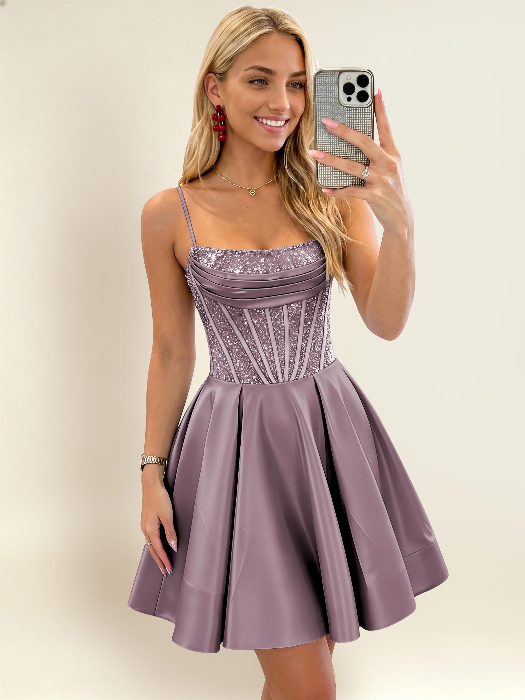 ROVDESY A-Line Spaghetti Strap Sequin Corset Satin Homecoming Mini Dress