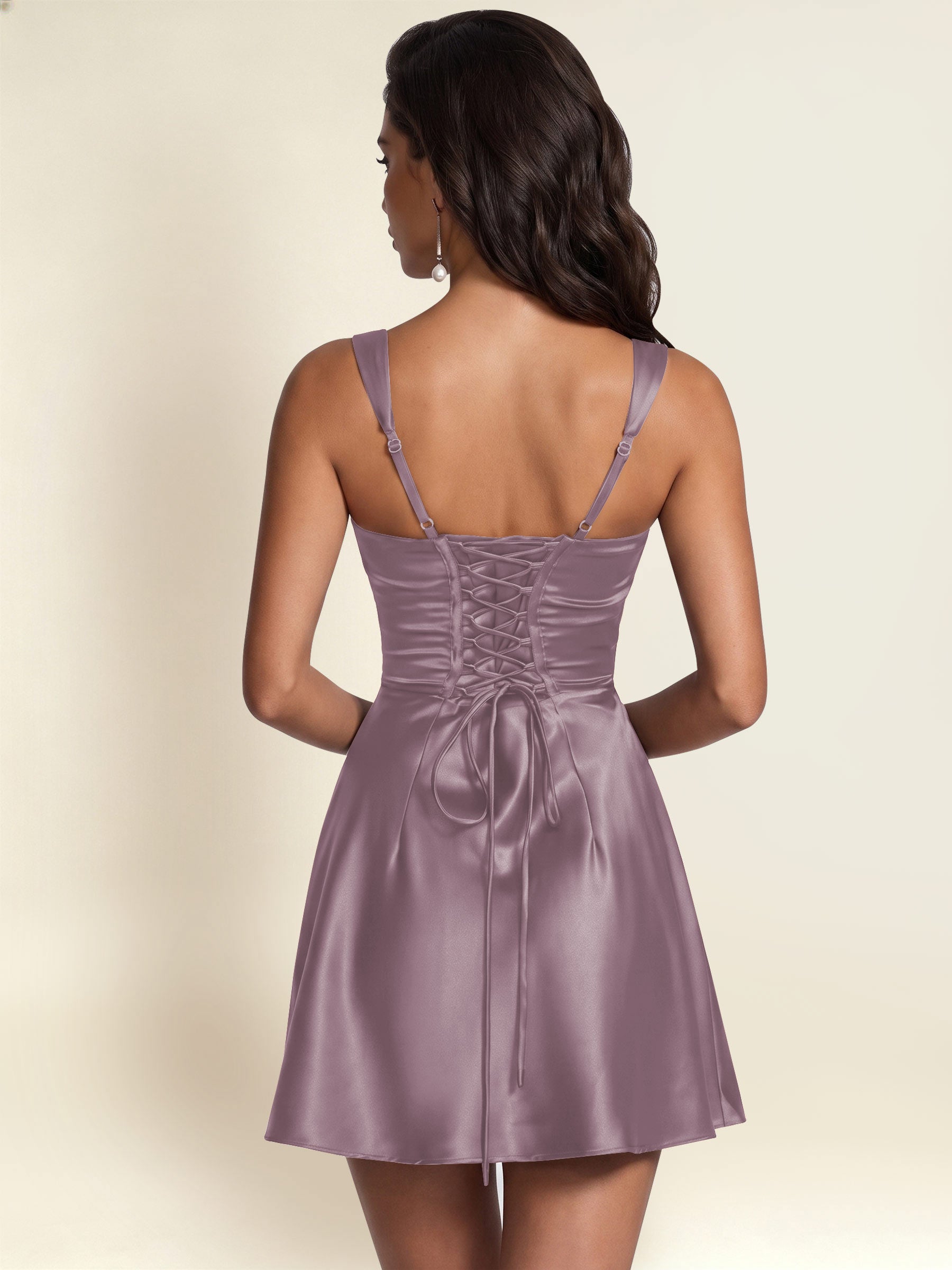 ROVDESY Square Neck Pleated Satin Homecoming Mini Dress
