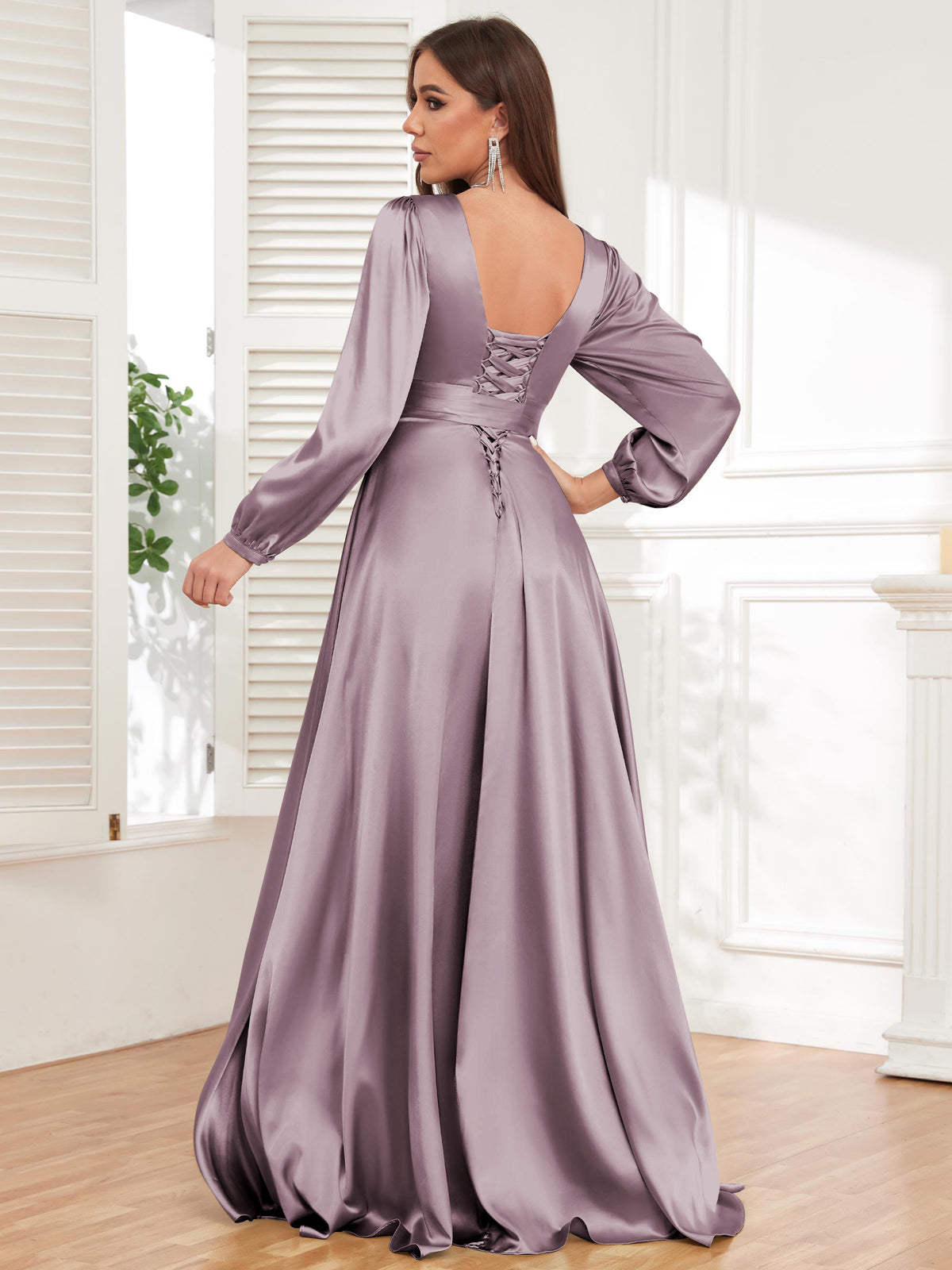 V Neck Satin Long Sleeve Bridesmaid Dress with Slit