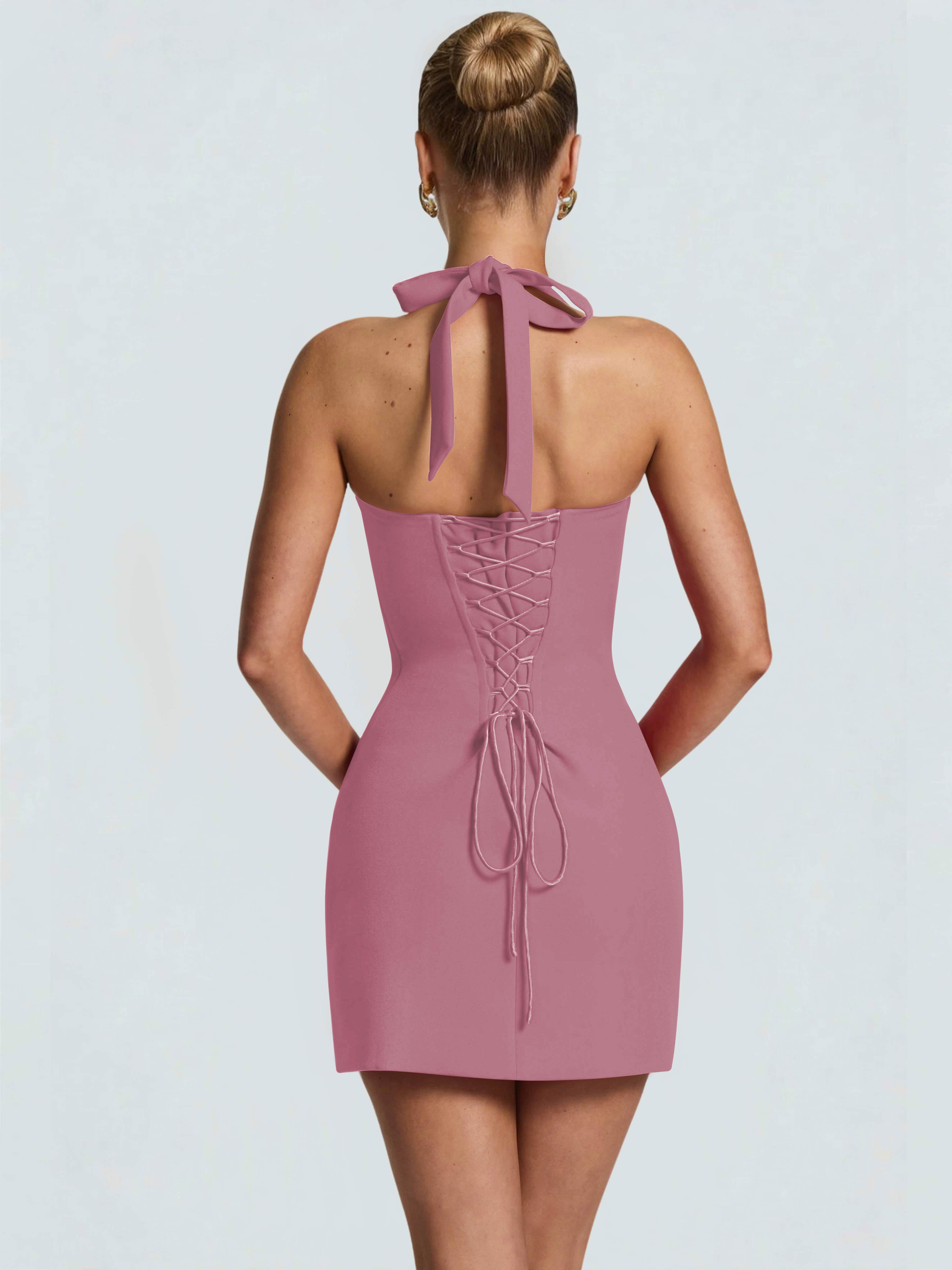 ROVDESY Halter Lace Satin Tight Homecoming Mini Dress